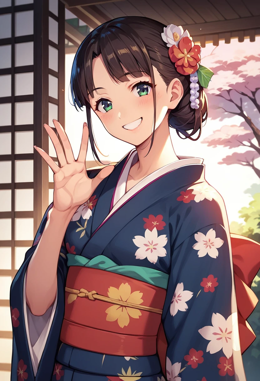 ((masterpiece)),((Ayako Katagiri)),((Katagiri Ayako)),((Full smile)),((Smile)),((happiness)),Healthy Beauty,(((kimono))),sexy,Anatomically perfect hands