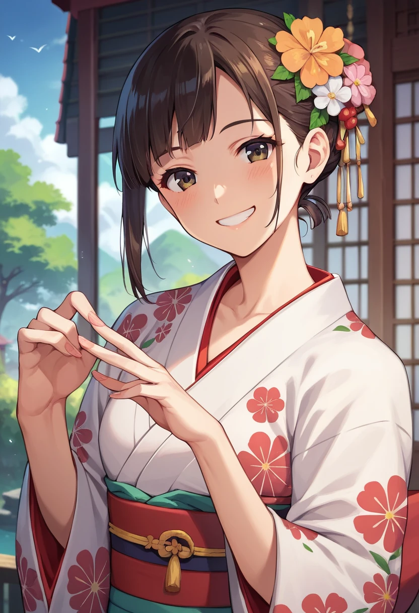 ((masterpiece)),((Ayako Katagiri)),((Katagiri Ayako)),((Full smile)),((Smile)),((happiness)),Healthy Beauty,(((kimono))),sexy,Anatomically perfect hands