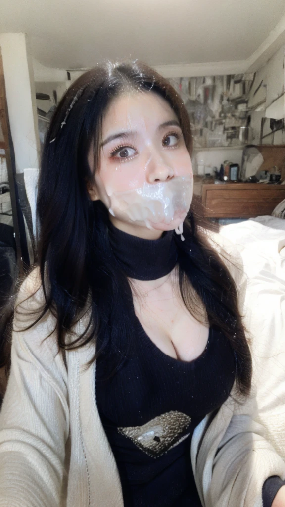 One female, selfie、face close up、cheerful smile、big tear bag、tape gag,Room lighting:none、front lighting:weak、Photo taken with iPhone、Japanese cute half-haired girl、profile、looking at the camera、black sweater, white wallpaper only, Rooms without lights、Cleavage Bulge(((Blindfolded)))(((Duct tape covers mouth to nose))), wet face, sperm everywhere