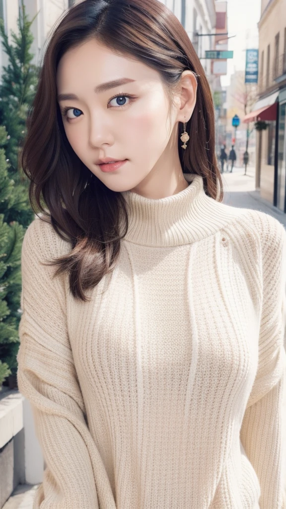 realistic photos of 1 cute Korean star, straight hair, white skin, thin makeup, 32 inch breasts size, wearing striped vertical sweater, walking in old town, upper body portrait, uhd，muste piece、best quality、illustration、 Super detailed、fine details、 High resolution、8K Dende Wallpaper、perfect dynamic composition、24-year-old beautiful girl、clear、detailed beautiful face、detailed beautiful eyes、textured skin、faint smile、huge breasts、bold sexy pose、winter casual wear、ditch，lace thong