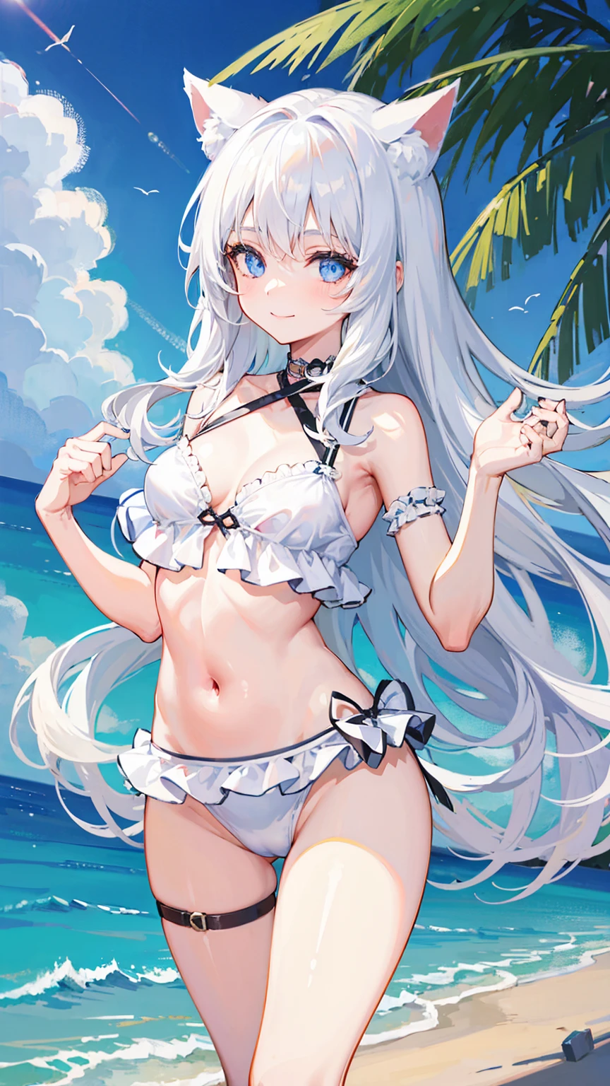 1girl, cat ears,white hair, long hair, smile,light blue eyes, bikini swimwear,with a dog,on the beach,best quality, masterpiece