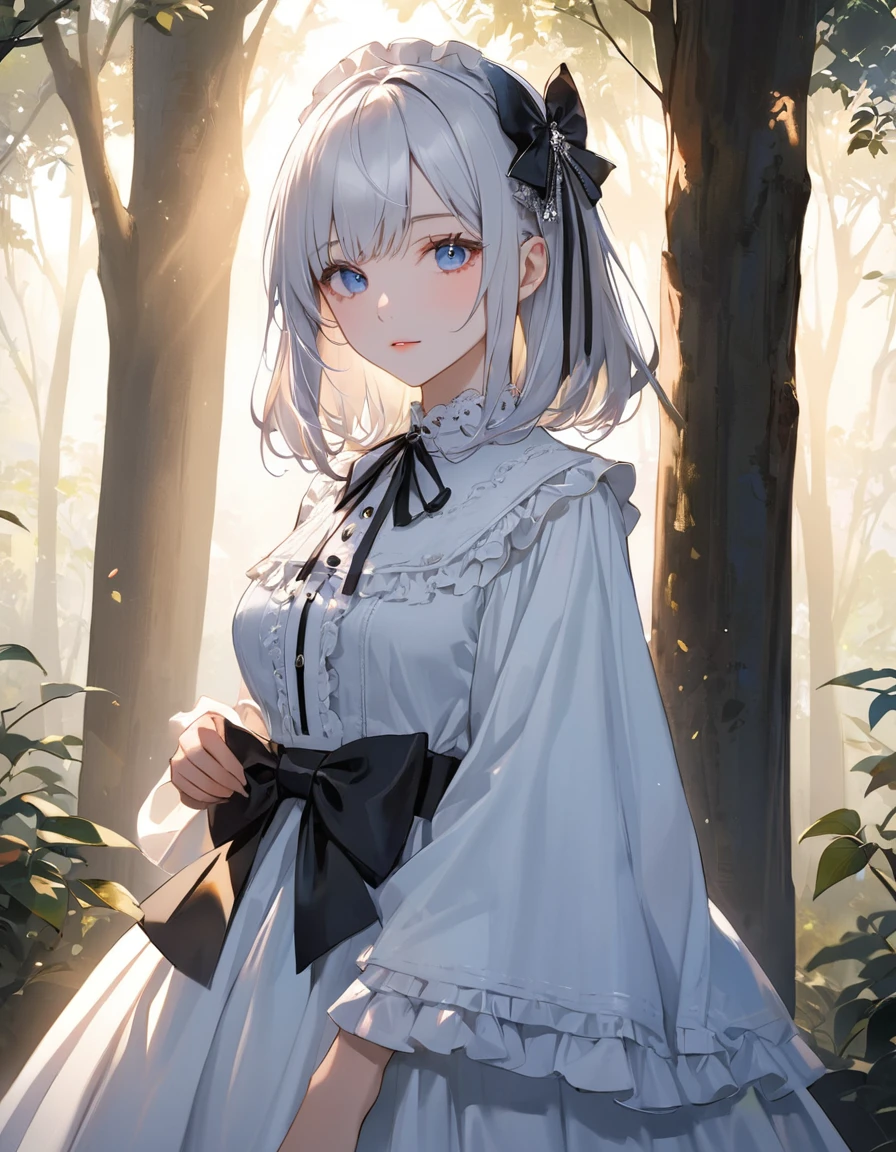 (top-quality),(masuter piece),Delicately drawn face,girl with a pretty face,beautiful detailed blue eyes,white lolita fashion,((beautiful detailed white costume)),(Beautiful silky white hair:1.2),black ribbon hair ornament,pale skin,film lighting,(background is silhouette of tree),cowboy shot