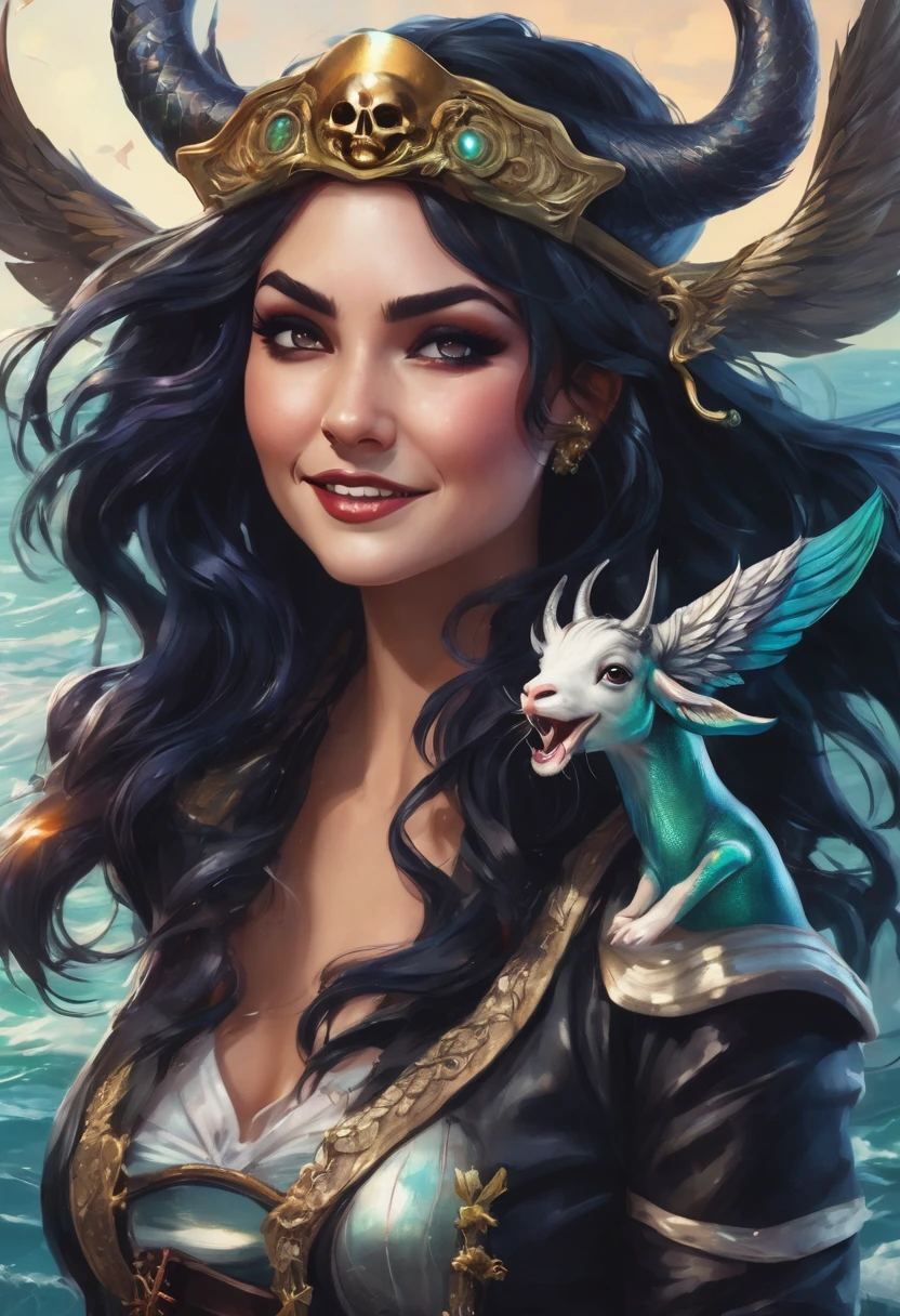 Create a picture of a cool female pirate with short black hair embracing long silver wavy hair, a siren mermaid with goat horns on her head, a crazy laugh, fangs, and feathered wings on her hands.