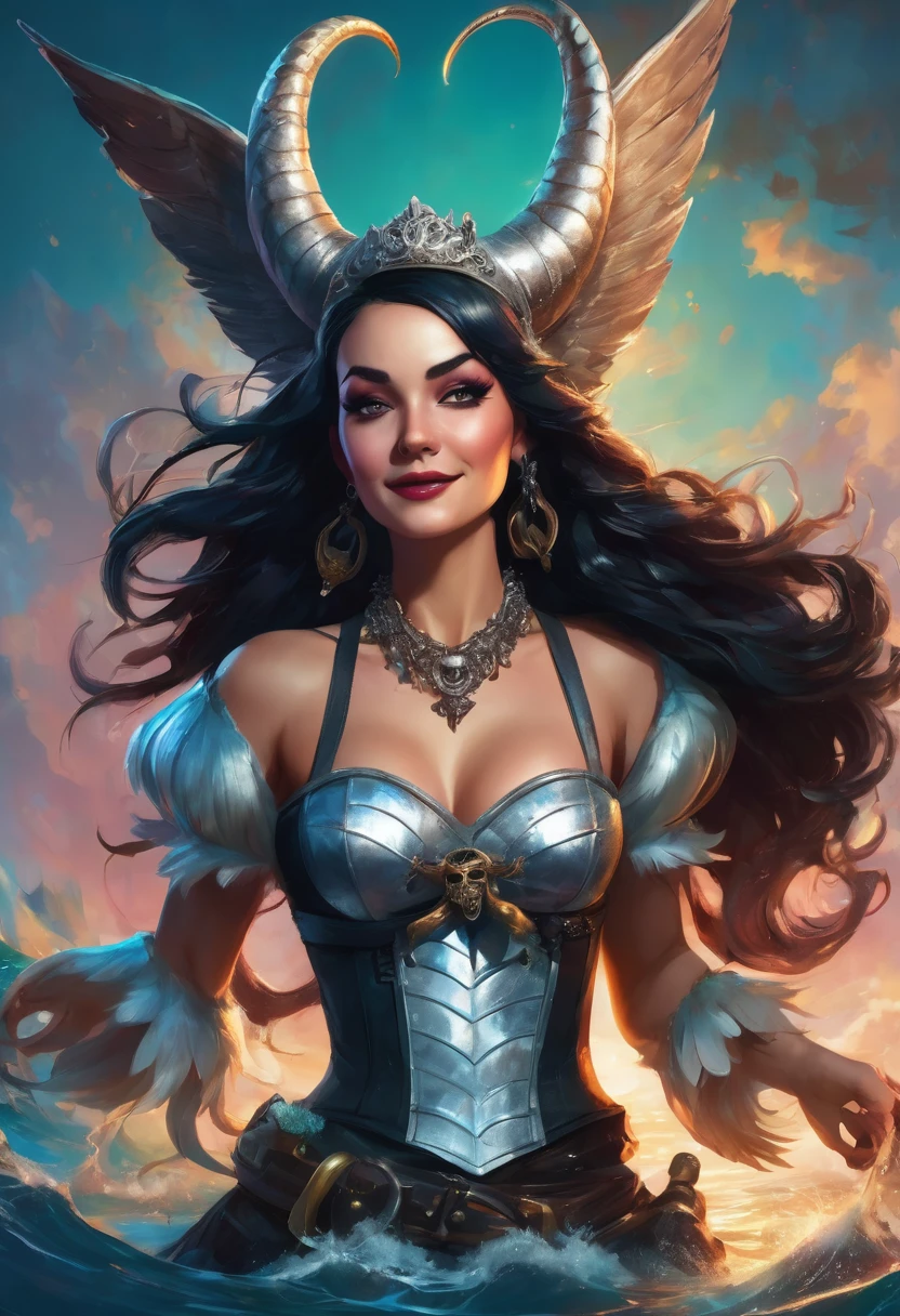 Create a picture of a cool female pirate with short black hair embracing long silver wavy hair, a siren mermaid with goat horns on her head, a crazy laugh, fangs, and feathered wings on her hands.
