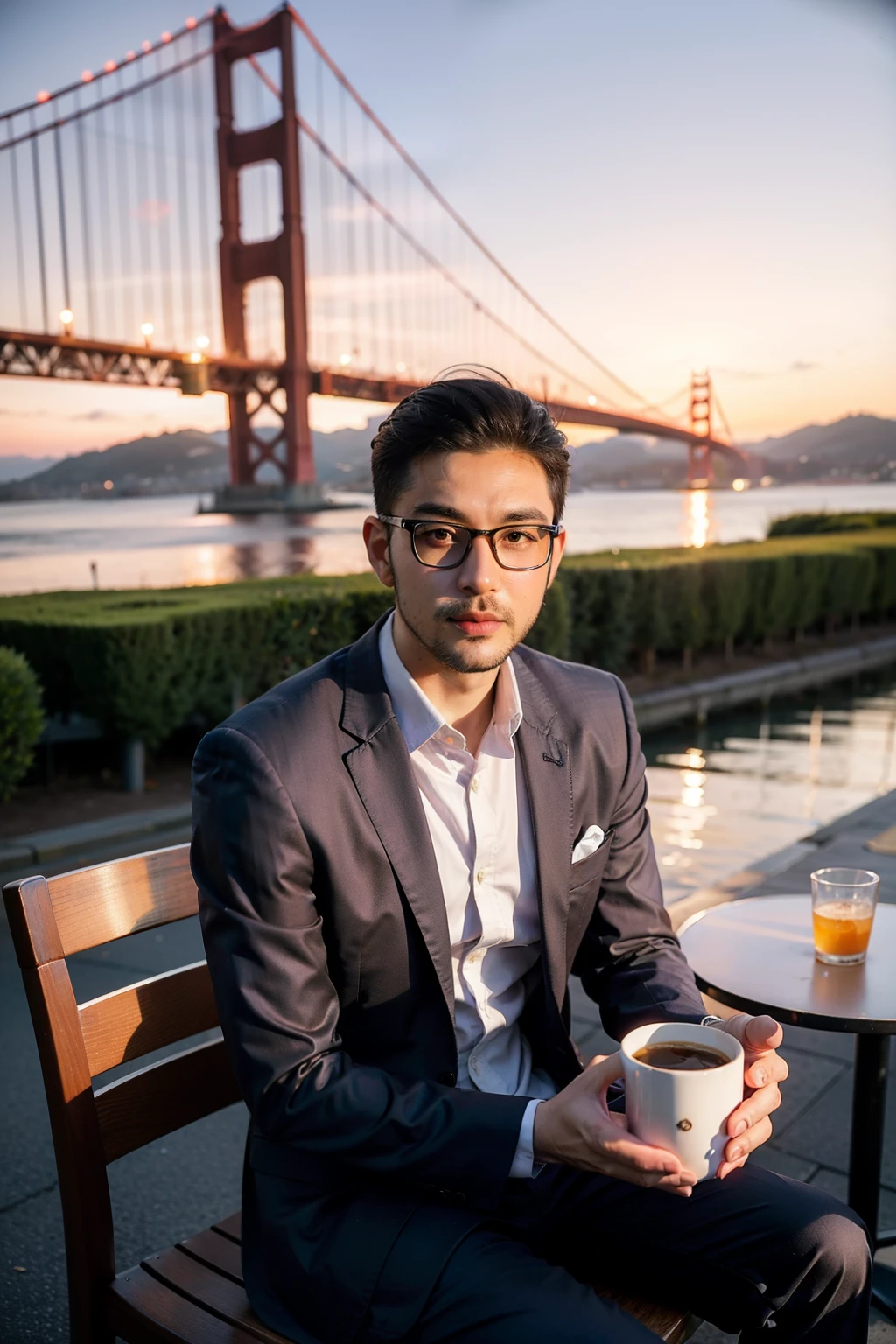 one example　
Man with glasses　oriental　Set　Beardless Purple Suit　　
comics　wide awake　
In front of the Golden Gate Bridge in San Francisco,Sunset,Holding a colorful mug,Sitting at a cafe with parasol on the street, The large Haolaiwu sign is also in the background
