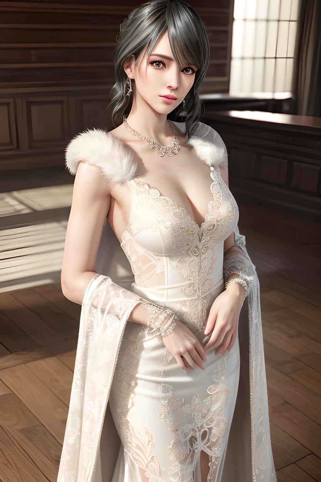 A lady with extraordinary temperament, she stands in a modern indoor space, as if she is a model from a fashion magazine. She is wearing a (pure white long fur cape), the softness and luster of which makes her look more noble under the light, and complements her (beige dress) underneath, showing her gentle temperament while maintaining a sense of fashion. The style of the dress is simple and generous, a perfect match, and it lengthens her figure, making her tall and charming. The lady's makeup is delicate and elegant, which just highlights her facial features and makes people unforgettable at first sight. Although the earrings and necklace she wears are not ostentatious, they add a bit of sophistication and nobility to her overall look. Her hair is casually draped over her shoulders, and every strand of hair exudes a natural luster,, (best quality,8k,highres,masterpiece:1.2),ultra-detailed,(realistic,photorealistic,photo-realistic:1.37),studio lighting,ultra-fine painting,sharp focus,physically-based rendering,extreme detail description,professional,vivid colors