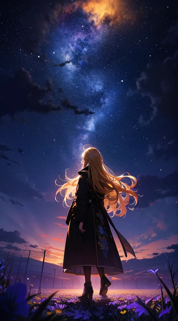 1people々々々々々々々,Blonde long-haired woman,Long coat, Dress Silhouette, Rear View,Space Sky, Flower Field,Colorful flowers