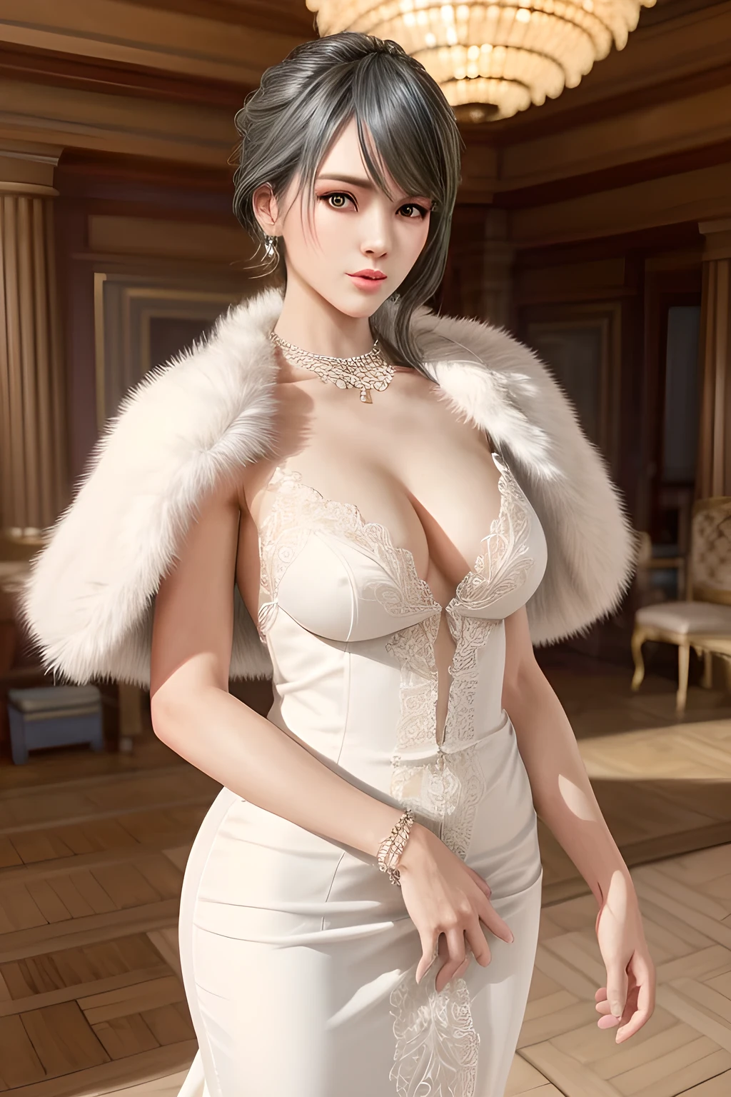 A lady with extraordinary temperament, she stands in a modern indoor space, as if she is a model from a fashion magazine. She is wearing a (pure white long fur cape), the softness and luster of which makes her look more noble under the light, and complements her (beige dress) underneath, showing her gentle temperament while maintaining a sense of fashion. The style of the dress is simple and generous, a perfect match, and it lengthens her figure, making her tall and charming. The lady's makeup is delicate and elegant, which just highlights her facial features and makes people unforgettable at first sight. Although the earrings and necklace she wears are not ostentatious, they add a bit of sophistication and nobility to her overall look. Her hair is casually draped over her shoulders, and every strand of hair exudes a natural luster,, (best quality,8k,highres,masterpiece:1.2),ultra-detailed,(realistic,photorealistic,photo-realistic:1.37),studio lighting,ultra-fine painting,sharp focus,physically-based rendering,extreme detail description,professional,vivid colors