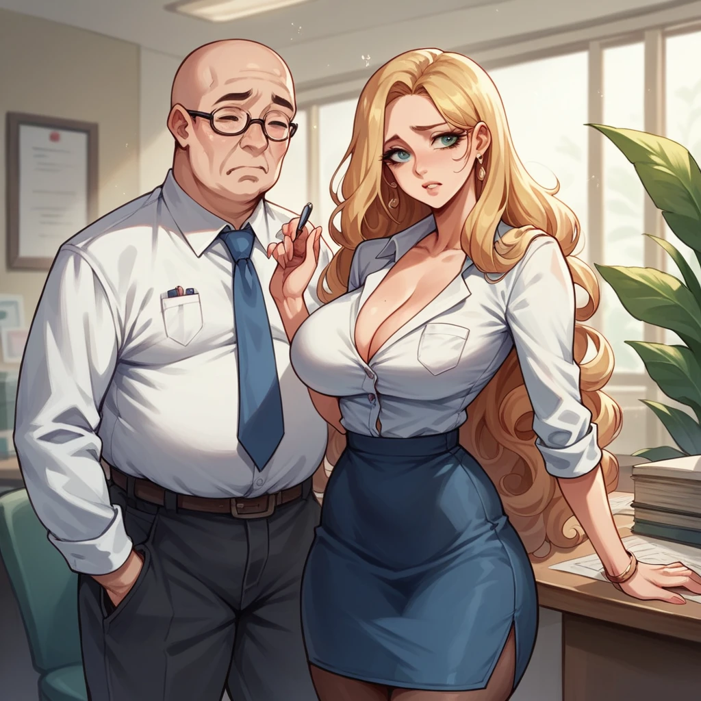 Beautiful woman 25 years old, not very high, long curly light blonde hair, Thin waist, big tits, well-shaped and large hips. She is sad next to a fat and bald old man, Office