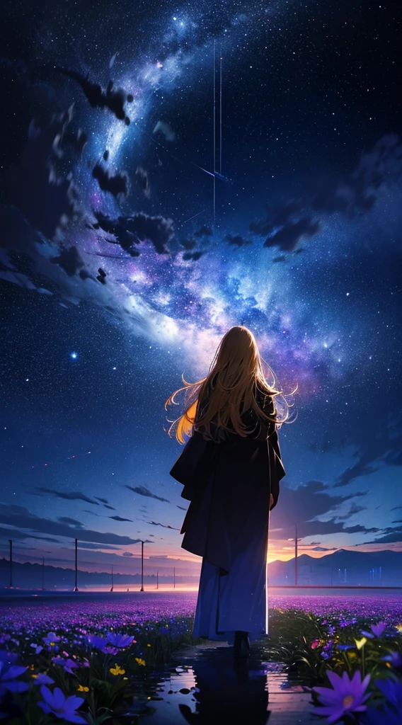 1people々々々々々々々,Blonde long-haired woman,Long coat, Dress Silhouette, Rear View,Space Sky, Flower Field,Colorful flowers