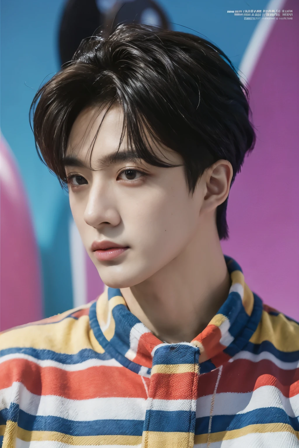 Full colorful background studio set for photoshoot,backdrop colorful,magazine photo,half body,sexy eyes looking center,for ads,no text,Handsome sixpacks korean male,fashion sexy abs,Center-parted hairstyle,angle tilted to the side,focus on face