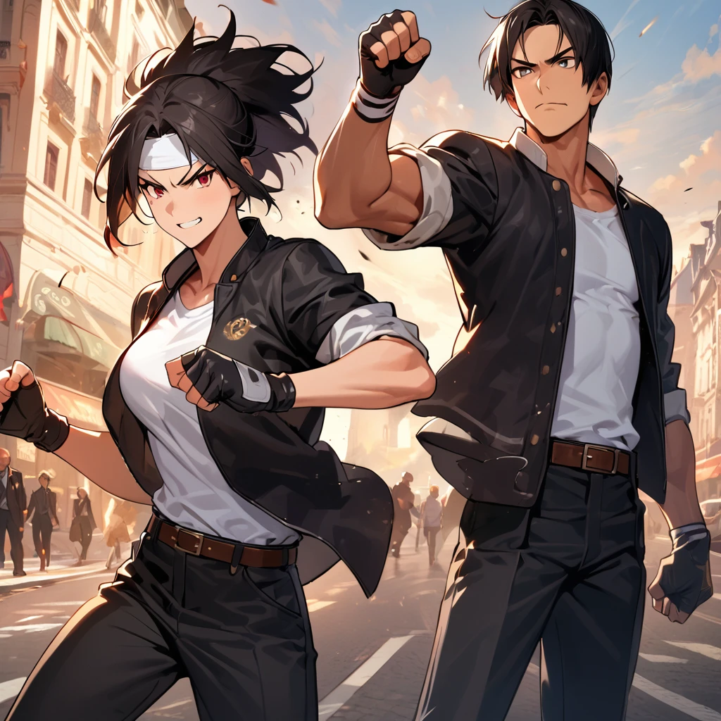 Masterpiece, 2 People, Two Shot, Best Quality, 8K, Full Hand Portrait, Action Pose, Fighting Scene: 1. 5,(kyo kusanagi), Man has dark skin, red eyes, one person, ((white headband))two shot, black jacket (rolled up arms), fingerless gloves, black hair, white t-shirt, black pants, white shoes, brown belt, ((kyo kusanagi fighting woman with same clothes and hairstyle))boyish, handsome, shot, charming, masterpiece, high resolution, fine face, fine grain, morning, confident full smile Man and woman fighting against the background of the Champs Elysees, same hair and clothes, angry man and woman, angry face, same hair and clothes: 1. attack speed 5, fast attack, angry face, angry face