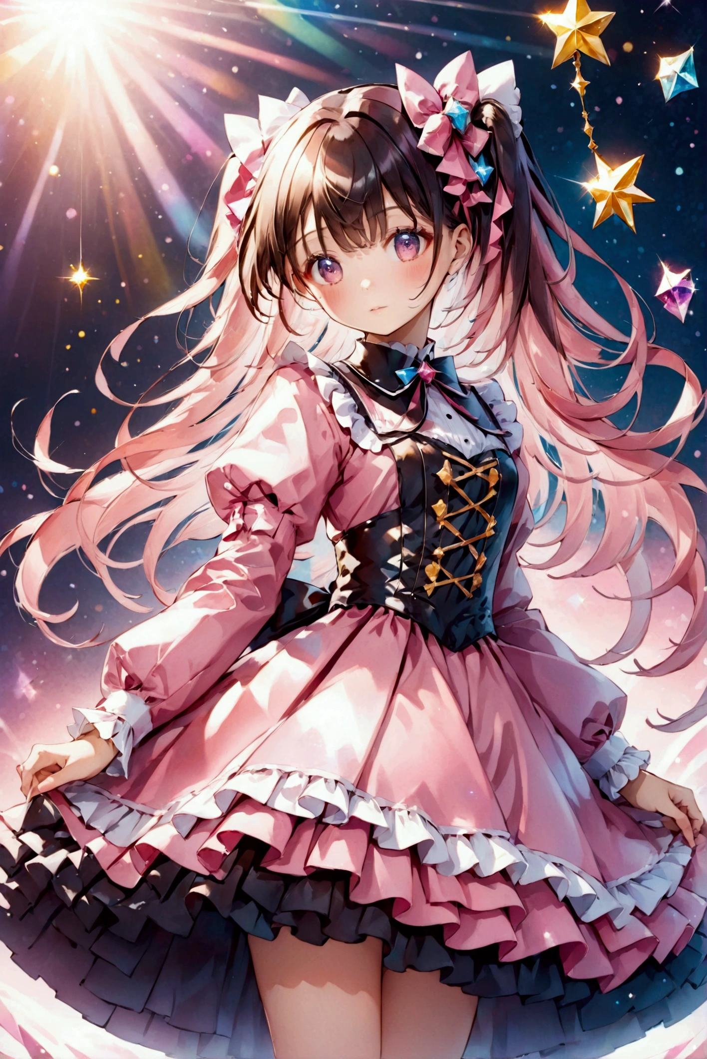 Magical girl in pink,A prismatic shiny background,Glitter,shiro lolita dress