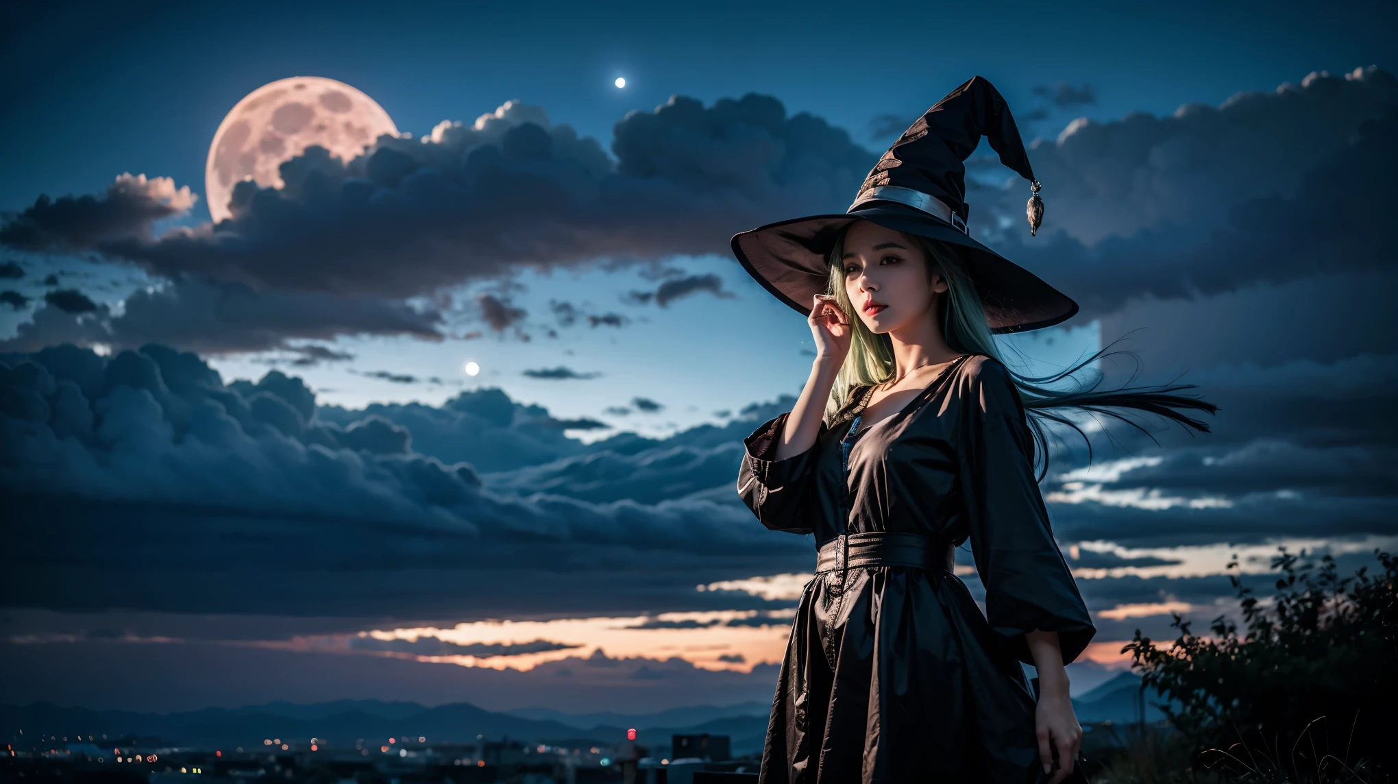 Highest quality, Very detailed, masterpiece, Very detailed, cloud, witch_Have, Have, One girl, null, green_null,Day, length_hair, cloudy_null, moon,bird, alone, Silver_hair, witch, Outdoor