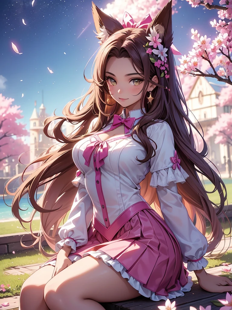 (best quality,4k,8k,highres,masterpiece:1.2),ultra-detailed,(realistic,photorealistic,photo-realistic:1.37),acrylic painting,beautiful Brazilian model in a uniform outfit with downy hair,beautiful Brazilian model with extremely colorful brown hair and detailed facial features,beautiful Brazilian model standing in a beautiful garden surrounded by a starry sky,brown hair,beautiful Brazilian model wearing a vibrant pink and teal uniform outfit,beautiful Brazilian model with intricate accessories,cat ears, ,beautiful Brazilian model with long flowing twintails,beautiful Brazilian model with bright brown eyes and rosy lips,beautiful Brazilian model with a joyful expression,beautiful Brazilian model in a dynamic pose with cherry blossoms falling around her,beautiful Brazilian model surrounded by colorful flowers and butterflies,beautiful Brazilian model's school uniform outfit adorned with cute bows and lace details,beautiful Brazilian model with an enchanting smile,beautiful Brazilian model with soft, pastel-colored shading,beautiful Brazilian model with a magical glow illuminating her,beautiful Brazilian model in a picturesque setting with a winding path leading to a magnificent castle,beautiful Brazilian model with a fairytale-like background,beautiful Brazilian model with a soft, dreamy atmosphere,beautiful Brazilian model with a subtle bokeh effect,beautiful Brazilian model standing under a sunny sky,beautiful Brazilian model with a warm, golden sunset in the background,beautiful Brazilian model surrounded by twinkling stars and colorful nebulae,creating an ethereal and captivating artistic masterpiece, sitting down, facing camera.