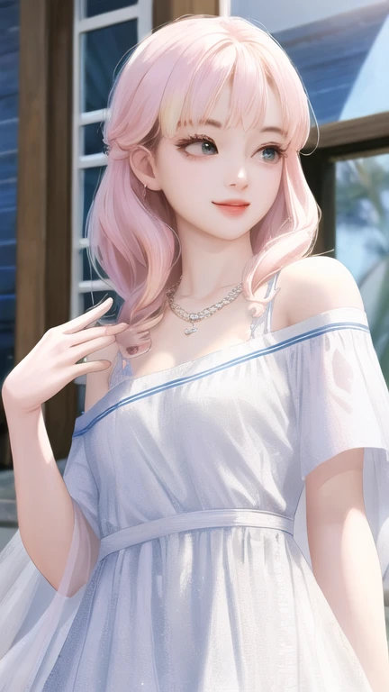 (Highest quality、 8k 、masterpiece、High resolution)、Full Body Shot、Realistic、Super adopted、1 young idol girl、Gazing into the distance、date、off shoulder white tops、Round and young々Funny face、Accessories Full、necklace、Clear Eyes、Long eyelashes、Small breasts、Narrow waist、light makeup、smile。Light-colored hair、Official Art、
