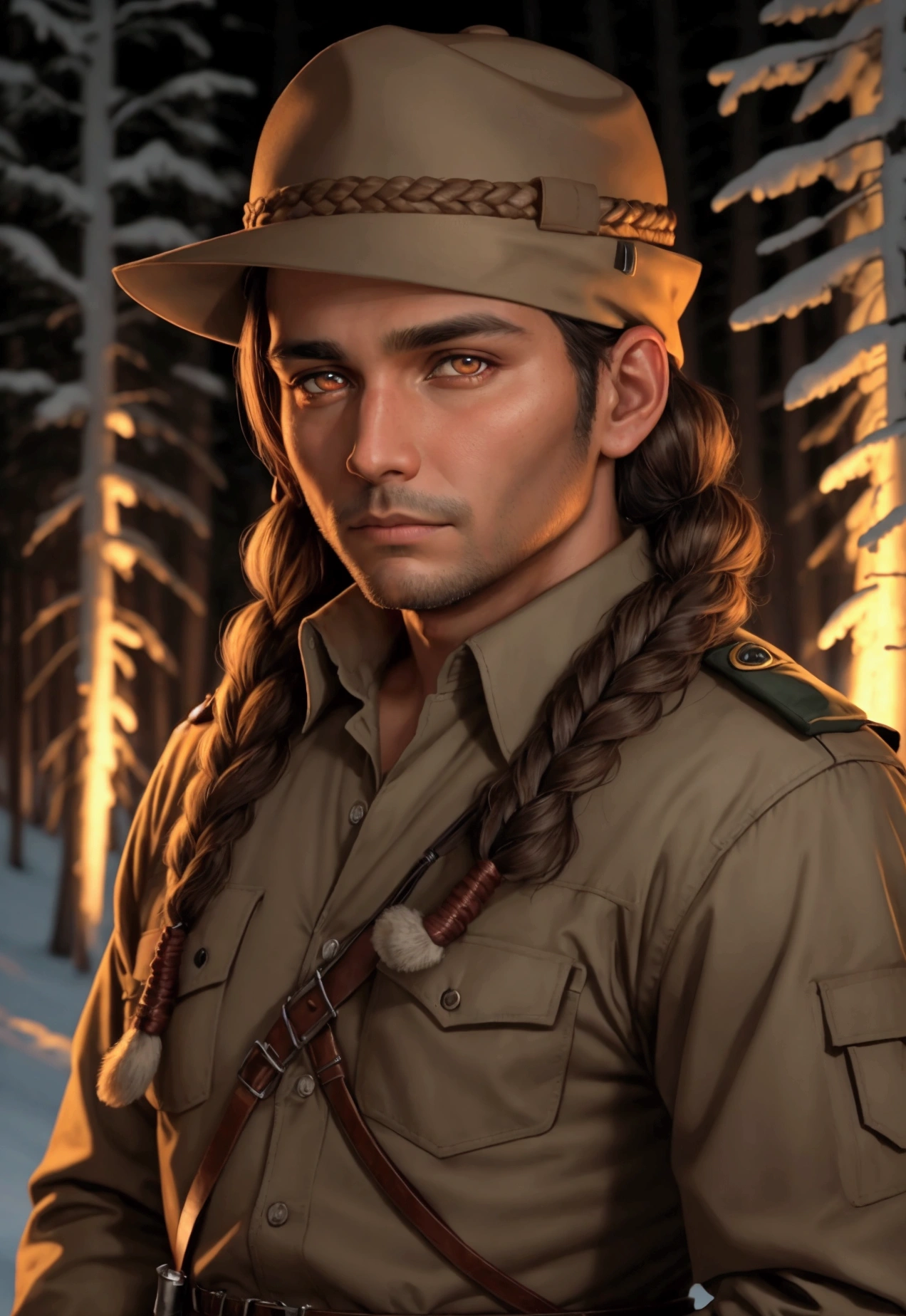 adult man indiginous with accessory indiginous forest ranger at night braided hair glowing brown eyes protrait waiting