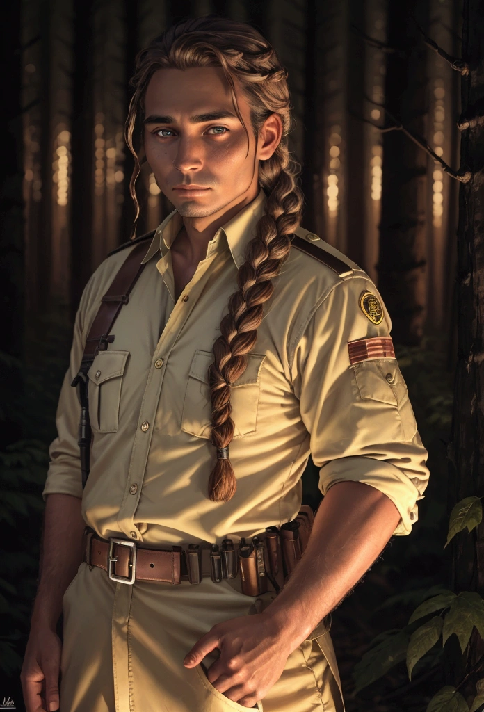 adult man indiginous with accessory indiginous forest ranger at night braided hair glowing brown eyes protrait waiting