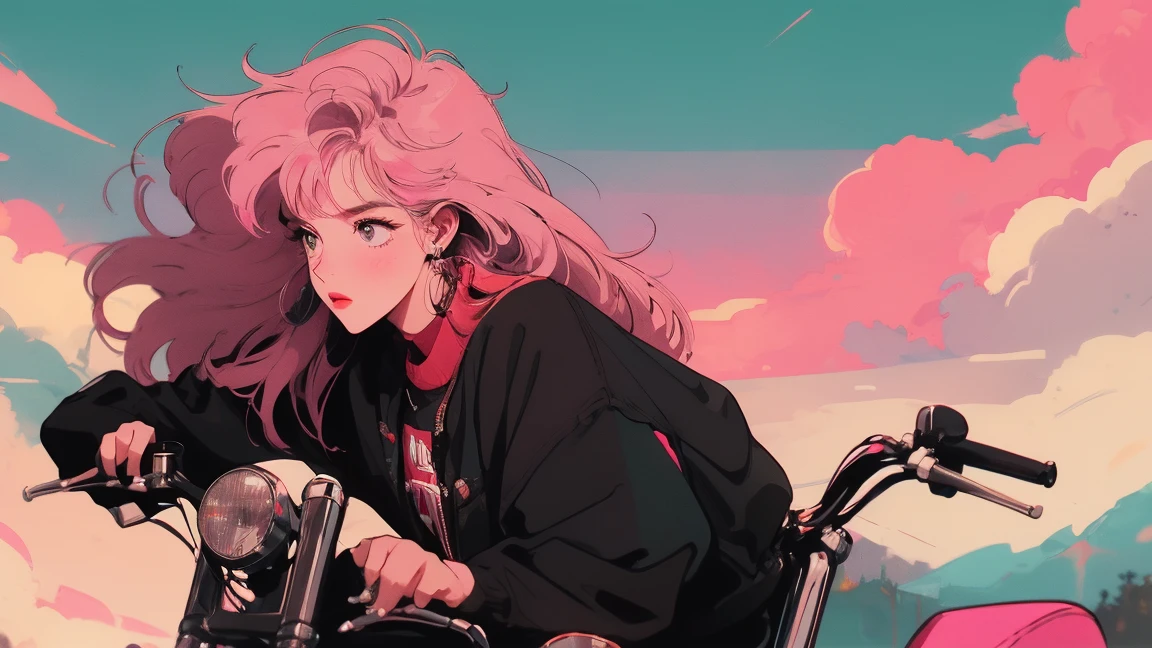 HIPHOP fashion battle DJ girl,profile , Riding on motorcycle、Holding a helmet、Night view、Pink Hair、Looking up at the sky、Detailed facial details、