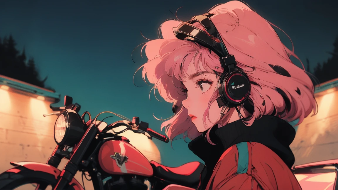 HIPHOP fashion battle DJ girl,profile , Riding on motorcycle、Holding a helmet、Night view、Pink Hair、Looking up at the sky、Detailed facial details、