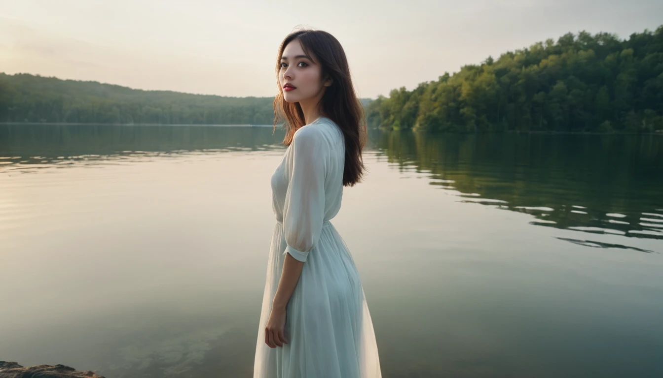 A beautiful woman with a lake and a beloved aura