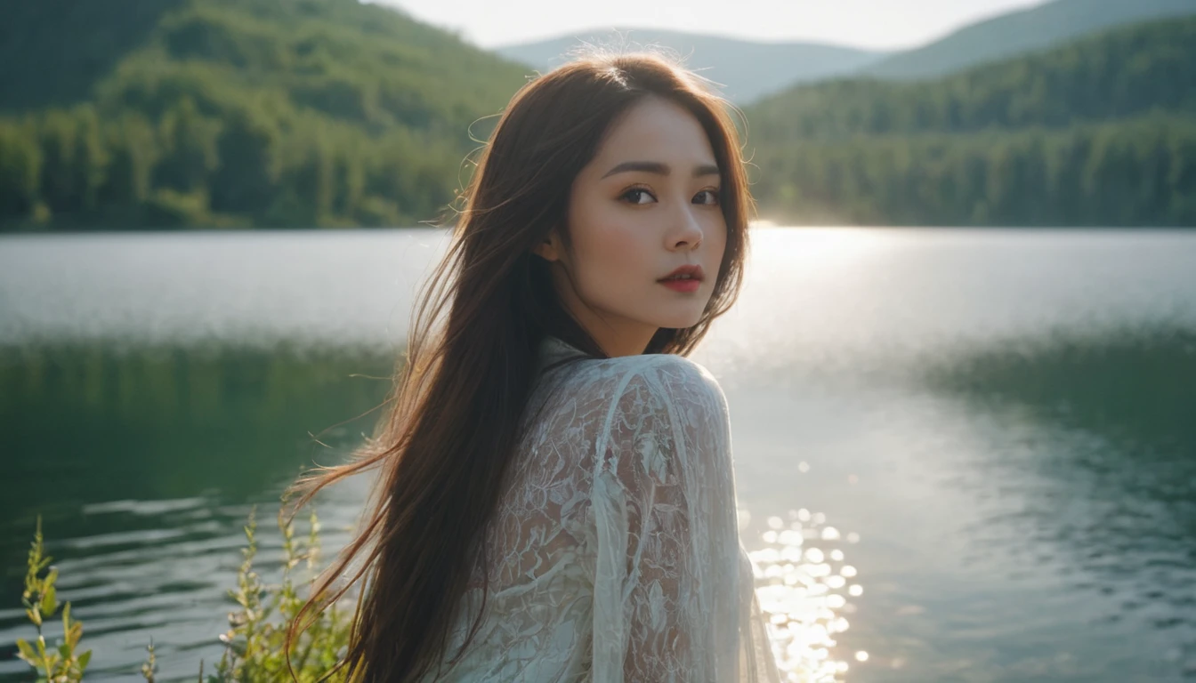 A beautiful woman with a lake and a beloved aura