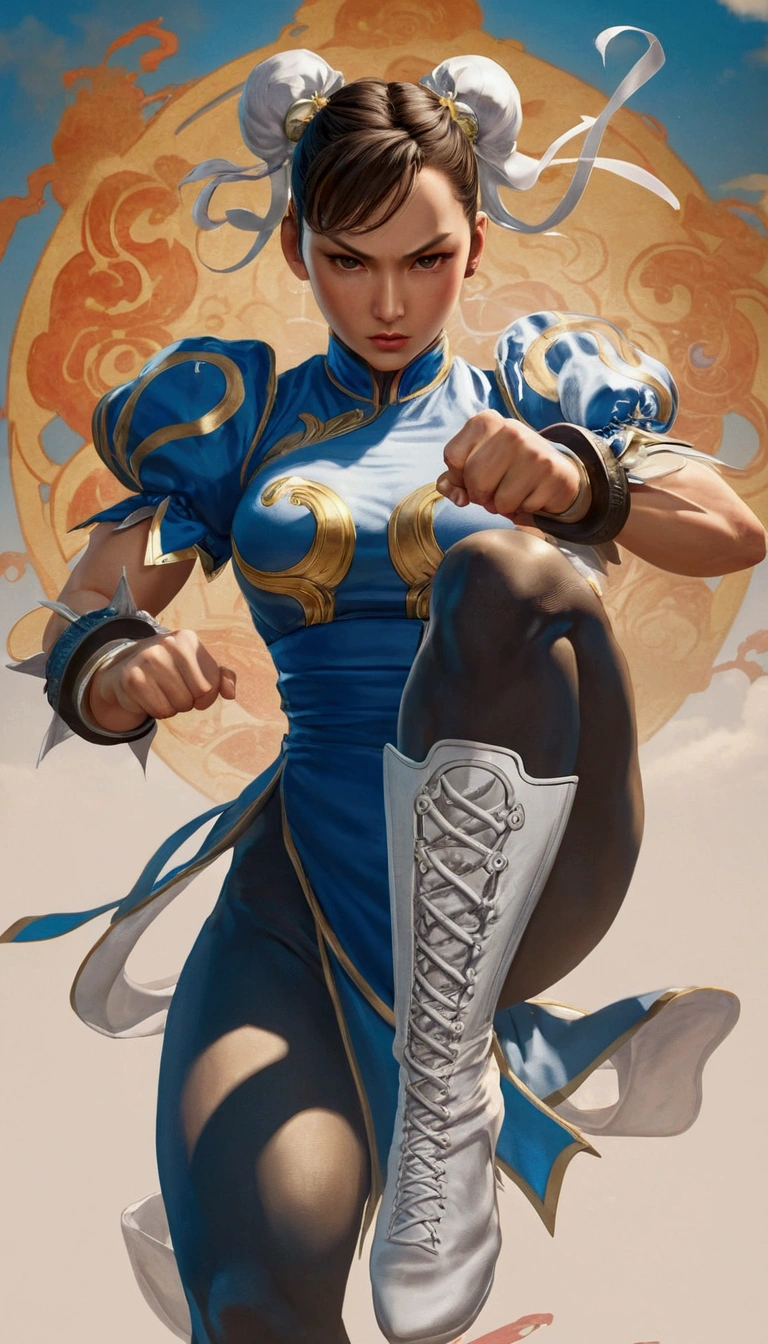 Arafe woman chun-li solo with ponytail haighting Game Fightetness Model、Big breasts about to burst、No exposed skin、thin and long legs,、Fitness Body Shape、Pose ready to fight、battle look, close up