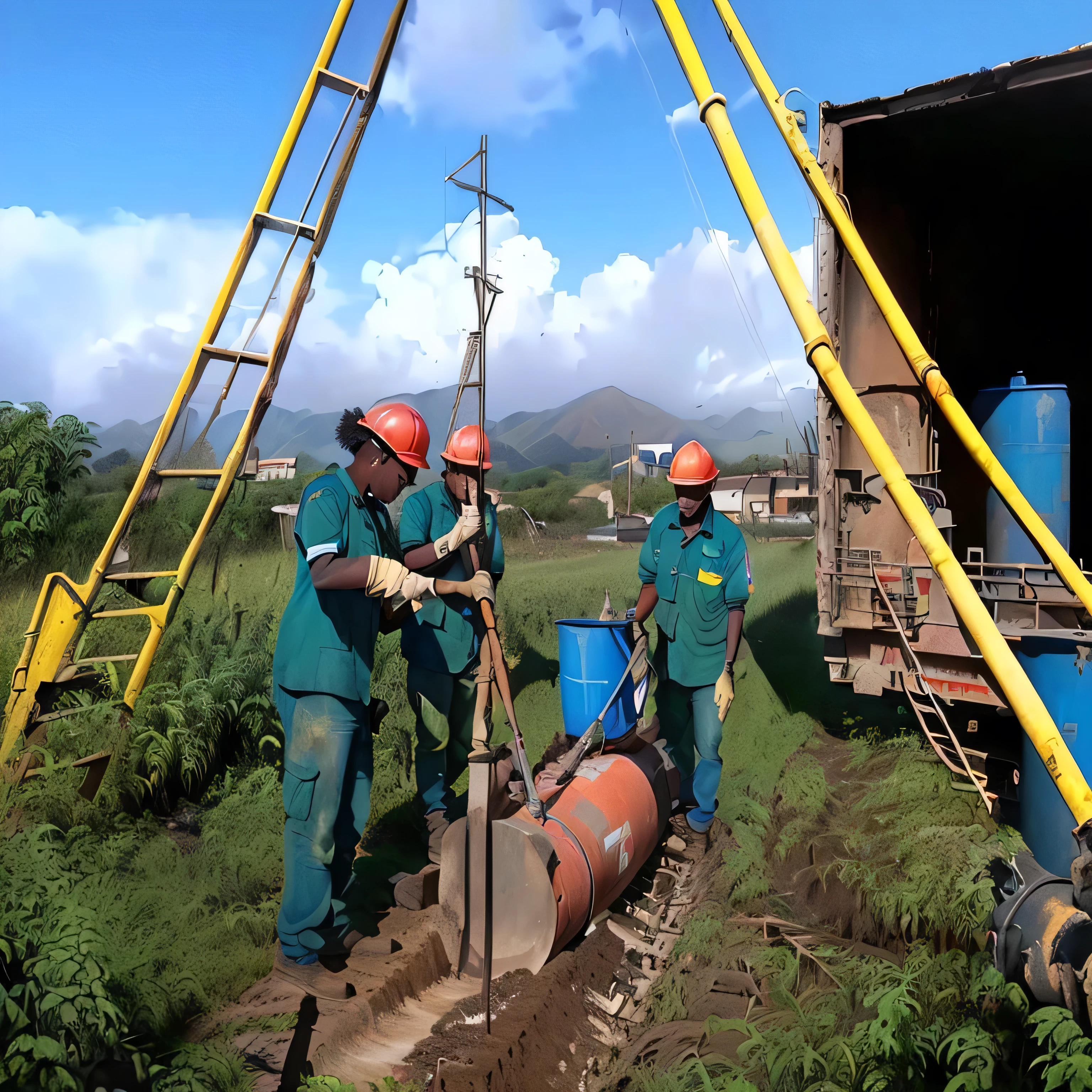 workers are working on a large pipe in the field, groundbreaking, working hard, heavy line work, workers, graphic illustration, mongezi ncaphayi, gipf project, ( ( illustration, Maintenance, Maintenance photo, digging, dsrl photo, servando lupini, Description, por Willian Murai, illustration, screen capture