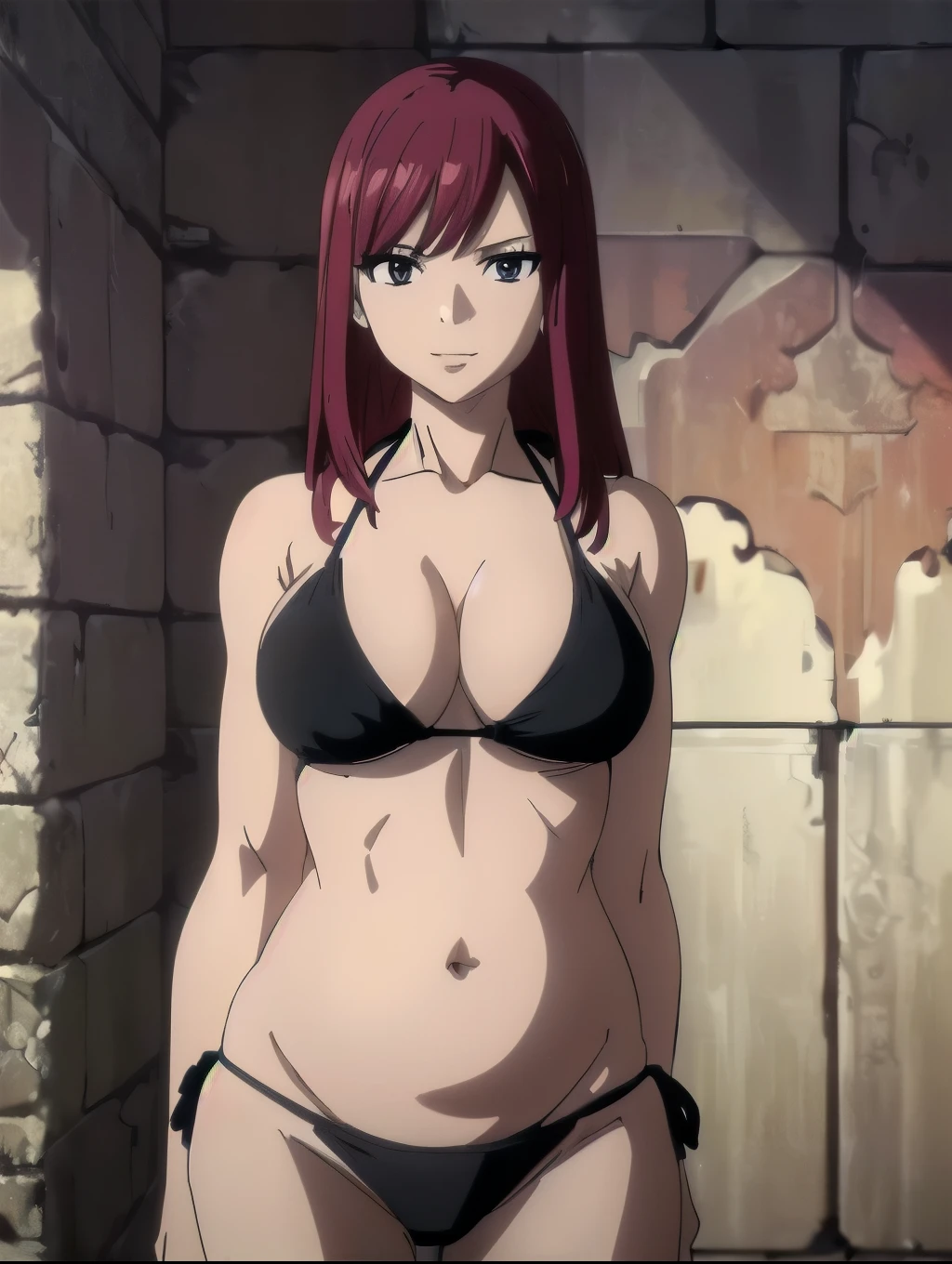 (black bikini top:1.6), (black thong:1.6), (vibrance:1.3), (dungeon:1.4), windy, ultra detailed face, perfect anatomy, (cowboy shot:1.6), from front, fighting stance, ultra detailed body and face, (slim :1.3), perfect body proportions,(defined arms:1.6), (sweat:0.0), highest quality, 1girl, solo, (very little biceps) , smile, ERZASCARLET, BARE SHOULDERS, (big round breasts:1.2) cleavage, off-shoulder, tall girl, (free flowing hair:1.4), (floating hair:1.2), ultra detailed red hair, open mouth, big eyes,(long belly:1.6), wide shoulders, beach, For the image quality, please prioritize (best quality, highres, masterpiece:1.8), itional prefixes