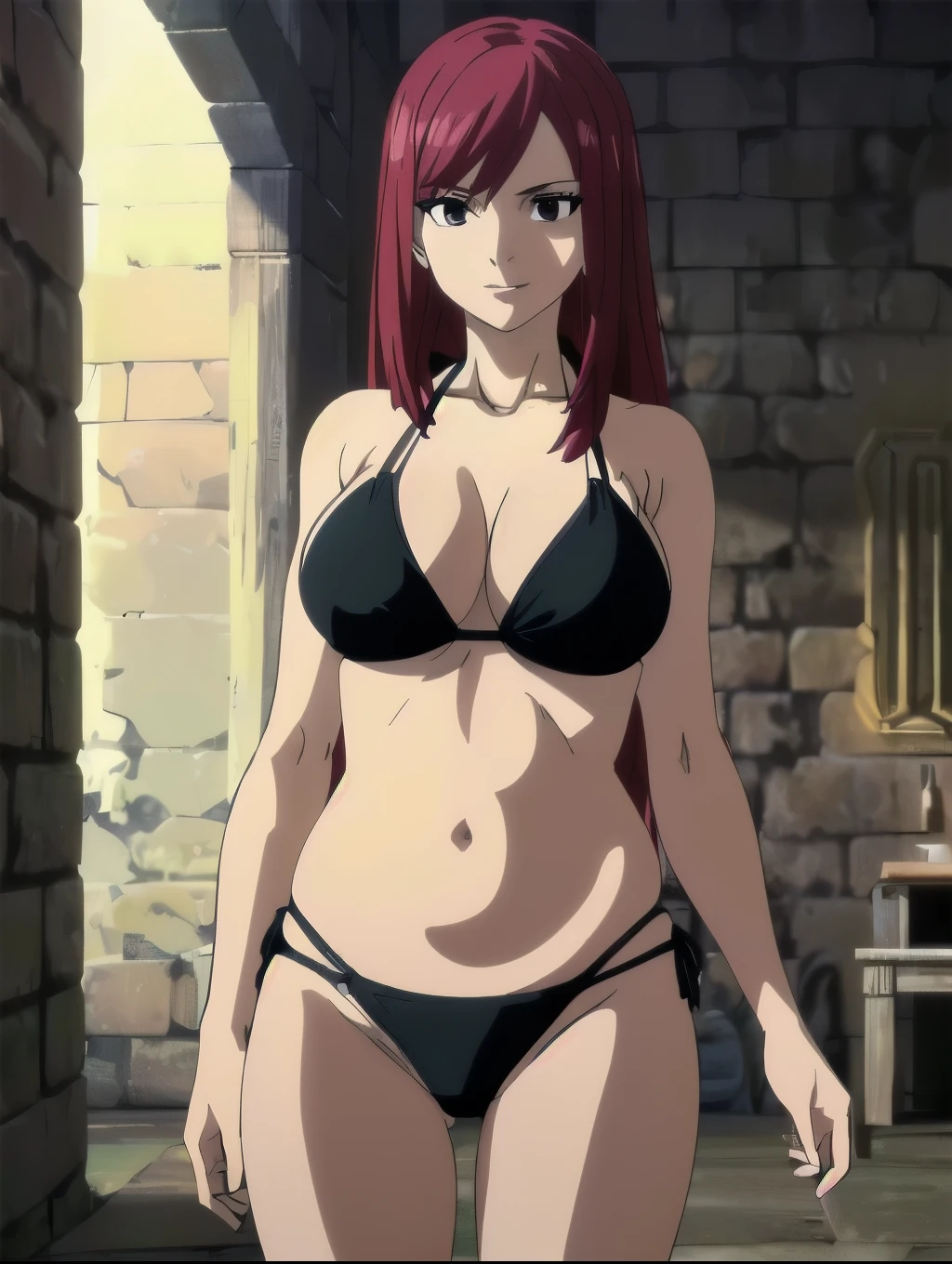 (black bikini top:1.6), (black thong:1.6), (vibrance:1.3), (dungeon:1.4), windy, ultra detailed face, perfect anatomy, (cowboy shot:1.6), from front, fighting stance, ultra detailed body and face, (slim :1.3), perfect body proportions,(defined arms:1.6), (sweat:0.0), highest quality, 1girl, solo, (very little biceps) , smile, ERZASCARLET, BARE SHOULDERS, (big round breasts:1.2) cleavage, off-shoulder, tall girl, (free flowing hair:1.4), (floating hair:1.2), ultra detailed red hair, open mouth, big eyes,(long belly:1.6), wide shoulders, beach, For the image quality, please prioritize (best quality, highres, masterpiece:1.8), itional prefixes