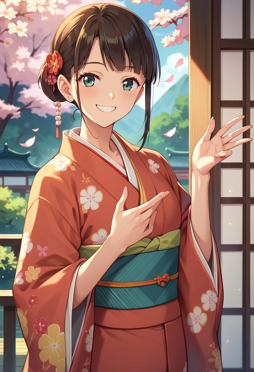 ((masterpiece)),((Ayako Katagiri)),((Katagiri Ayako)),((Full smile)),((Smile)),((happiness)),Healthy Beauty,(((kimono))),sexy,Anatomically perfect hands