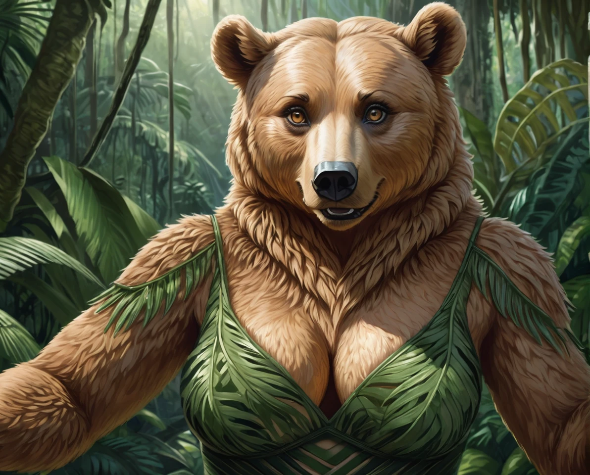 female bear mid transformation, solo, masterpiece, best art, dress. detailed hands, detailed eyes, detailed torso, jungle,  expression, transformation, human face,