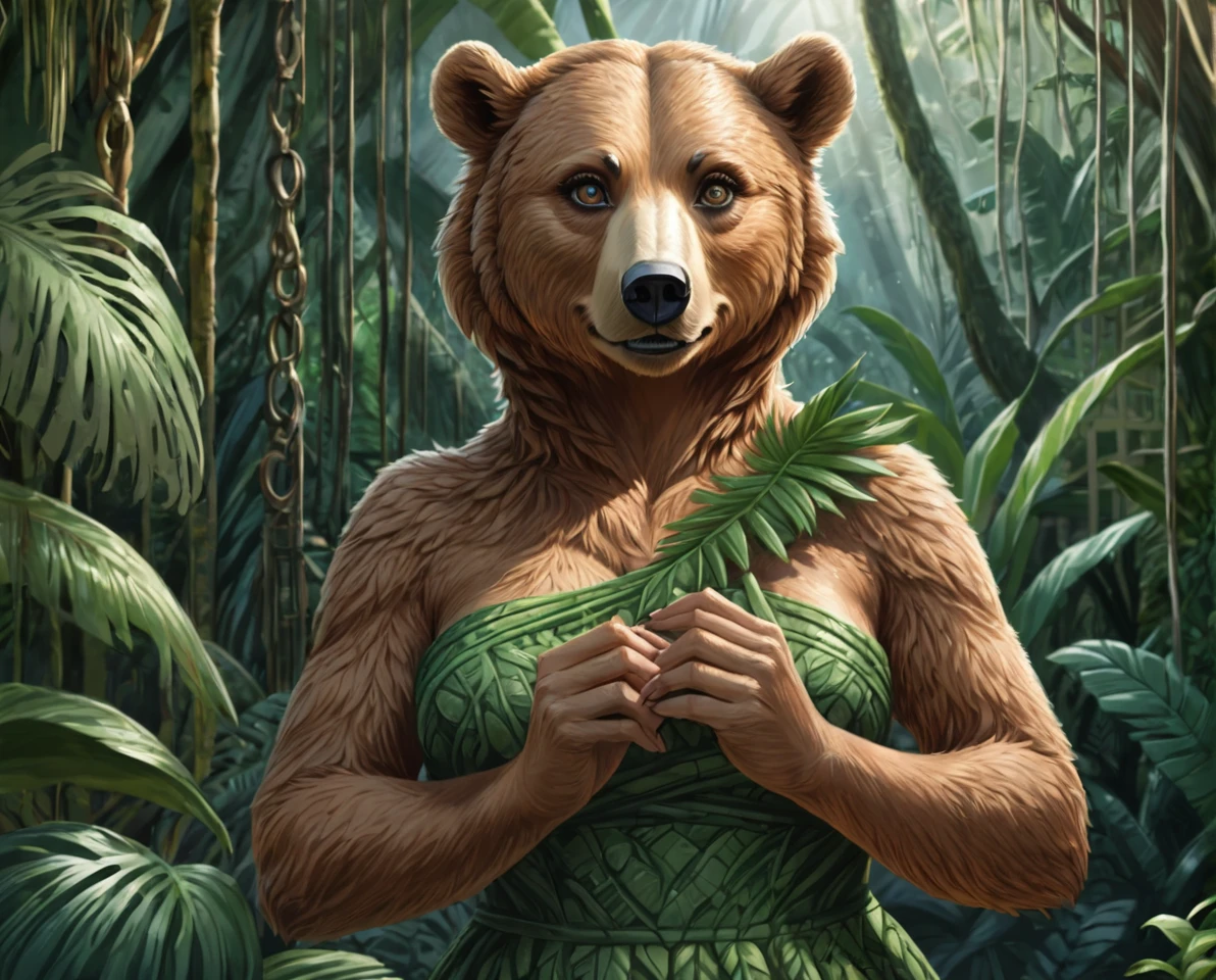 female bear mid transformation, solo, masterpiece, best art, dress. detailed hands, detailed eyes, detailed torso, jungle,  expression, transformation, human face,