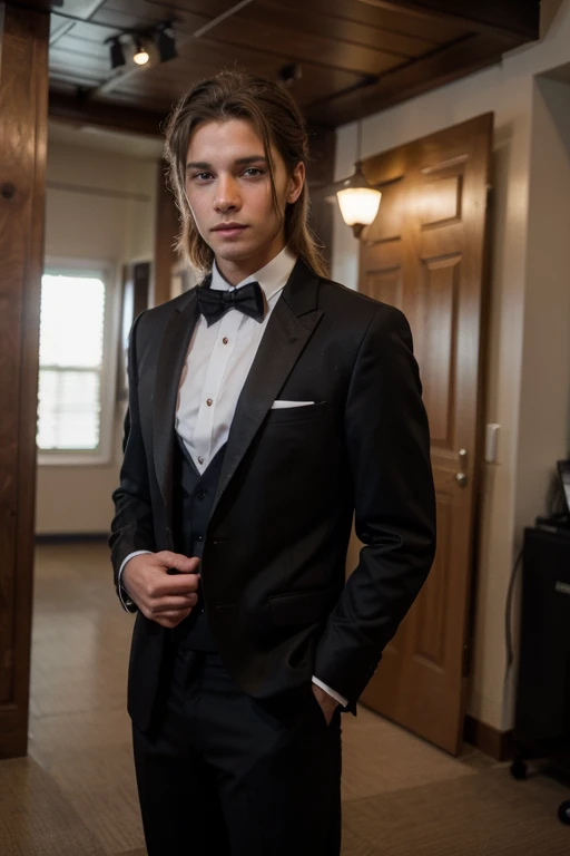 ((best quality)), ((masterpiece)), (detailed),1male , Collage, with prom tuxedo, straight hair,tune hair color, standing, view the camera, good looking