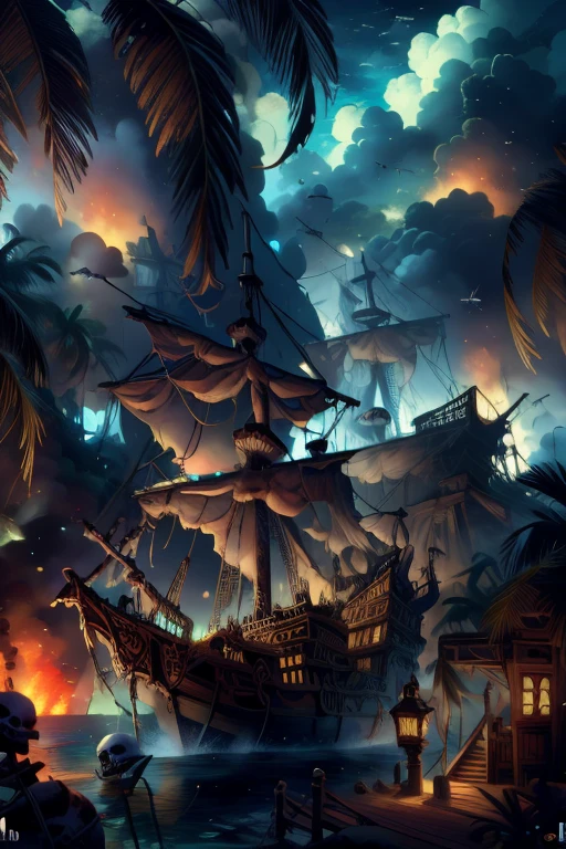 (8k, Highest quality, masterpiece)，Pirate War, Pirates ship war fighting each other, epic pirate battle, cannon fire, pirate ship war, detailed pirate ship, chaotic battle scene, stormy sea, dark clouds, fire and smoke, Pirate war fierce conflict war between pirates wearing pirate costumes, {Realistic, RAW Photos, Super Fine Clear, Impressionist painting, (Influenced by Impressionist painting:1.1)}, naval battle, Pirate Combat,  by W. Heath Robinson, 