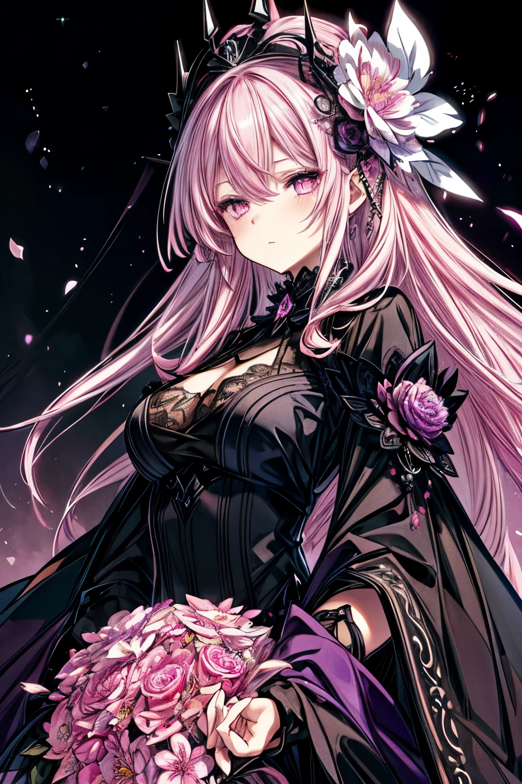 1girl, (masterpiece, best quality), (anime), intricate details, pink eyes, long purple hair, pink gradient, black dress, black lace headpiece, elegant, beautiful, cinematic lighting, dramatic atmosphere, photorealistic, hyper detailed, fantasy, magical, pink flower theme, 