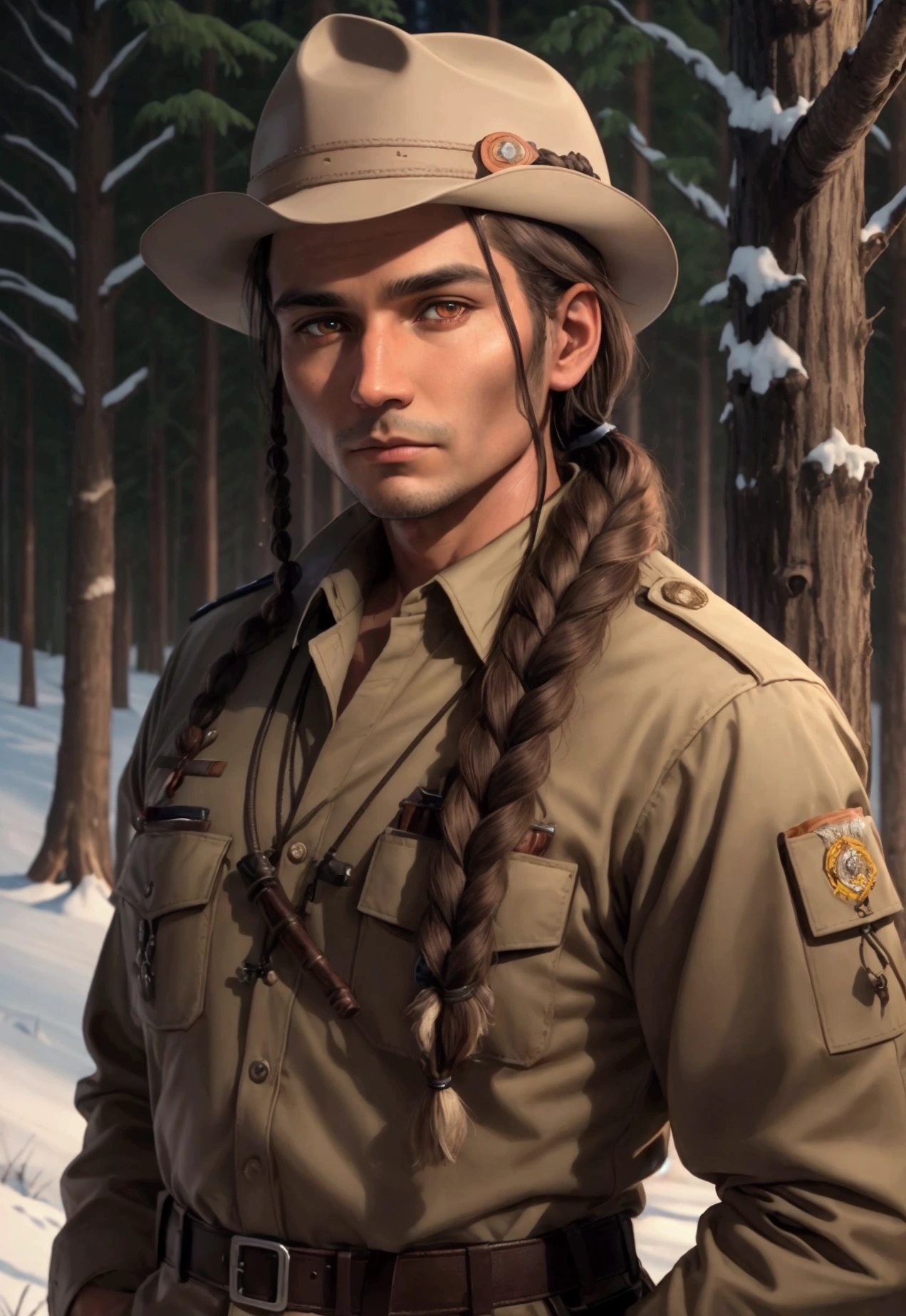 adult man indiginous with accessory indiginous forest ranger at night braided hair glowing brown eyes protrait waiting