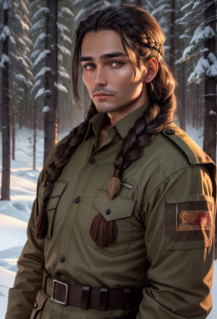 adult man indiginous with accessory indiginous forest ranger at night braided hair glowing brown eyes protrait waiting
