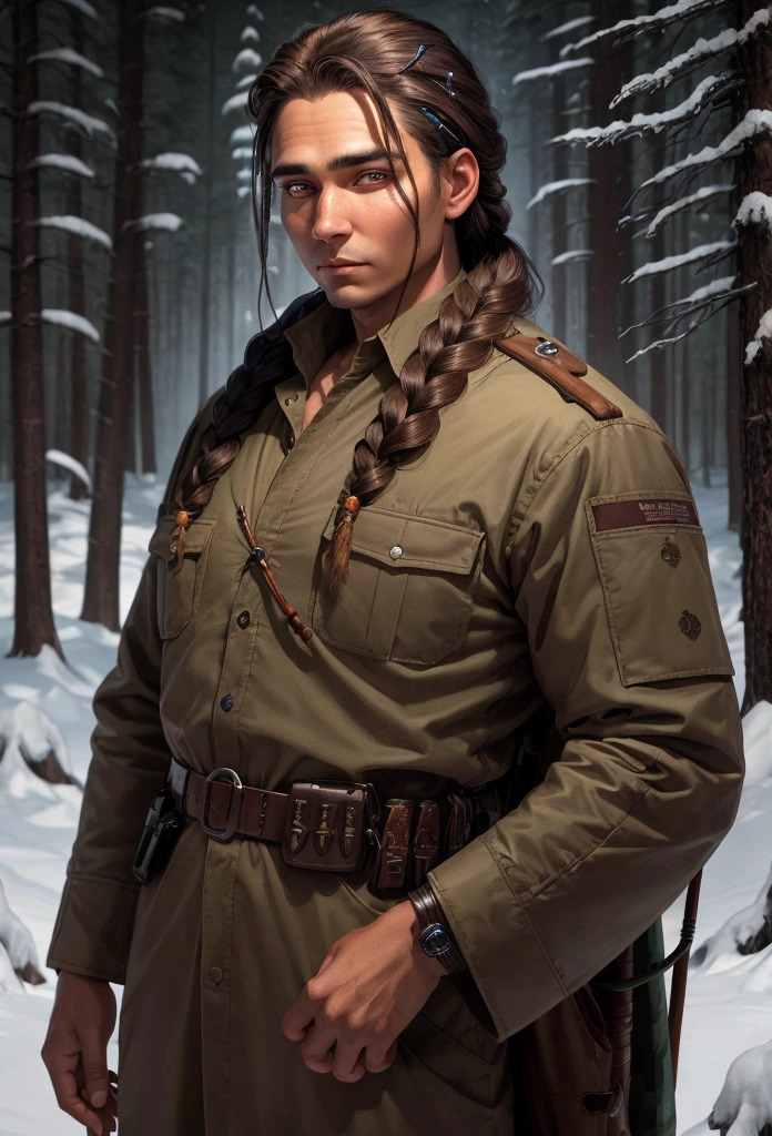 adult man indiginous with accessory indiginous forest ranger at night braided hair glowing brown eyes protrait waiting