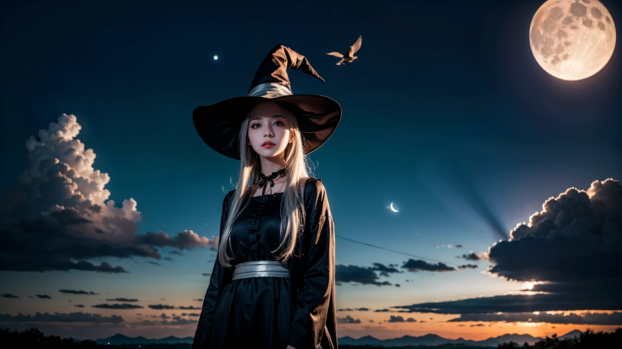 Highest quality, Very detailed, masterpiece, Very detailed, cloud, witch_Have, Have, One girl, null, green_null,Day, length_hair, cloudy_null, moon,bird, alone, Silver_hair, witch, Outdoor