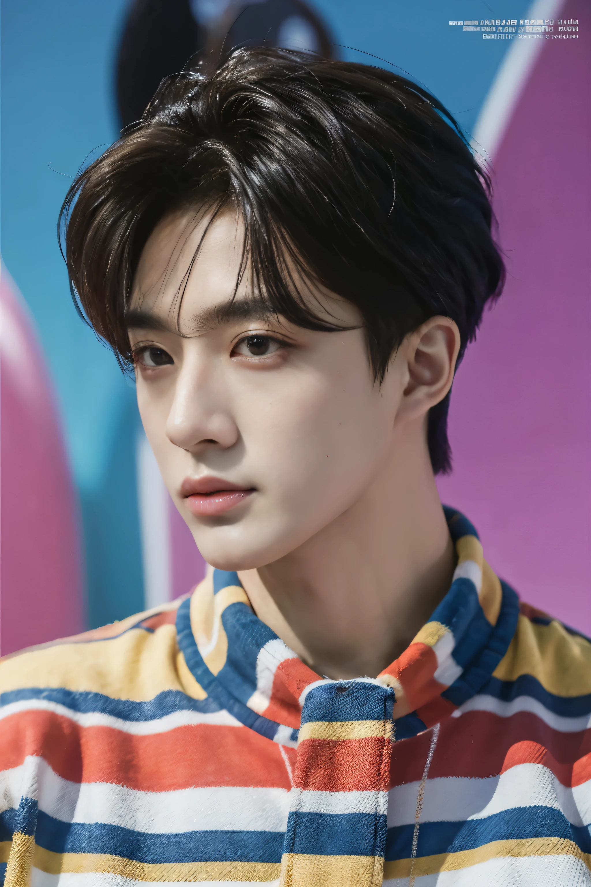 Full colorful background studio set for photoshoot,backdrop colorful,magazine photo,half body,sexy eyes looking center,for ads,no text,Handsome sixpacks korean male,fashion sexy abs,Center-parted hairstyle,angle tilted to the side,focus on face