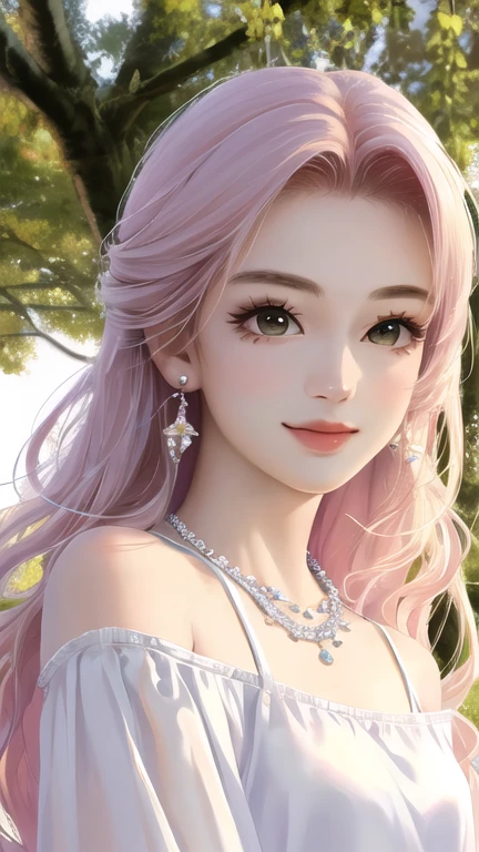 (Highest quality、 8k 、masterpiece、High resolution)、Full Body Shot、Realistic、Super adopted、ung idol girl、Gazing into the distance、date、off shoulder white tops、Round and young々Funny face、Accessories Full、necklace、Clear Eyes、Long eyelashes、Small breasts、Narrow waist、light makeup、smile。Light-colored hair、Official Art、