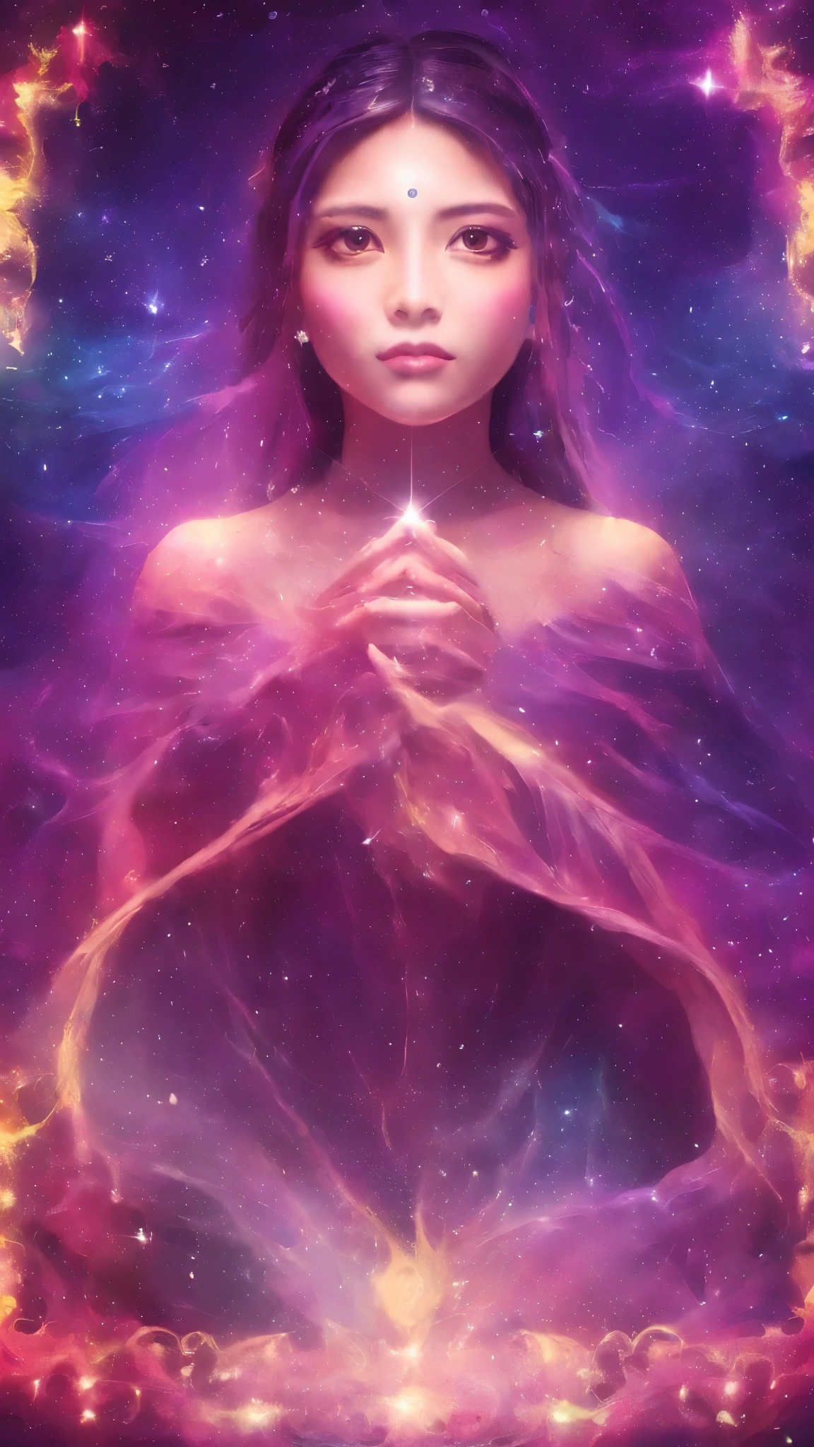 Design a new tarot card inspired by the Star. The card should feature a beautiful frame typical of tarot cards, adorned with numerous sparkling stars. In the center, a captivating and mystical female fortune teller is depicted. She stands gracefully, holding a star floating above her hand. The background is filled with a dreamy, starry night sky, creating an atmosphere of hope and wonder. The image should be in the highest quality, 4K or 8K resolution, with highly detailed and photo-realistic features. The artistic style should use bright colors and strong contrasts, emphasizing the magical and mystical theme. The fortune teller's expression should be serene and filled with a sense of guidance and inspiration.