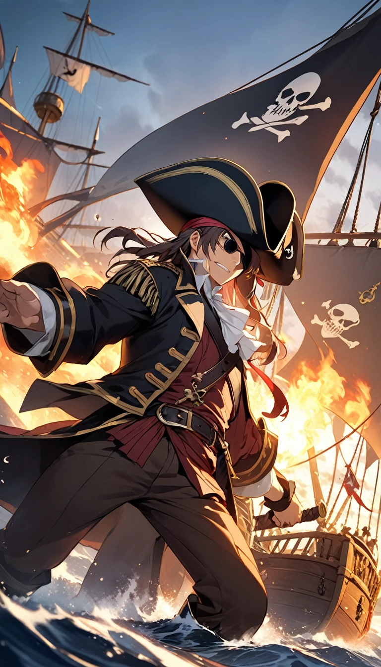 Close-up of pirate leader with rugged and handsome face,thick eyebrows,Eyes sharp and sharp.With a sword、Wearing elegant pirate costumes and a wide-brimmed three-cornered hat,One-sided eye patch adds a sense of mystery.The background is a pirate war.On the vast sea,Two plundering pirate ships are engaged in a fierce exchange of fire。Shoot from a low angle,Place the pirate ship&#39;s mast and cannon muzzle in the center of the frame.low angle shot.Beautiful and extremely fine-textured red bricks in the foreground and town in the background，detailed, bright, High definition and high quality presentation((Masterpieces in up to 16K resolution):1.6),((soft_color_photography:)1.5), ((Super detailed):1.4),((Typical static images and dynamic angles):1.3), ( perfect  )Complex patterns, soft shadows, highly detailed structures, digital art, high detail,