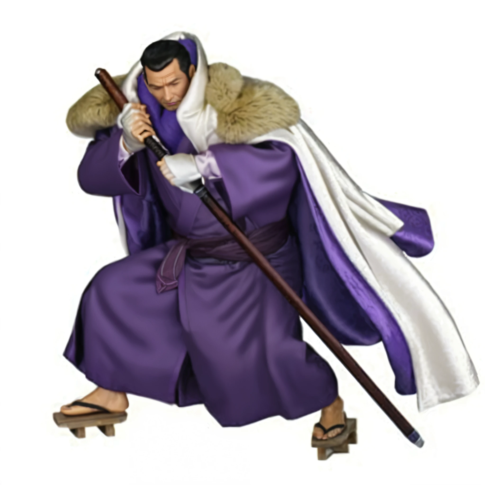 masterpiece, best quality, extremely detailed, hyperrealistic, photorealistic, a cool 50s man, ultra detailed face:1.1, closed eyes:1.2, scar on forehead:1.2, scar across eyes:1.2, super short hair, purple scarf, purple kimono, brown wooden sword
