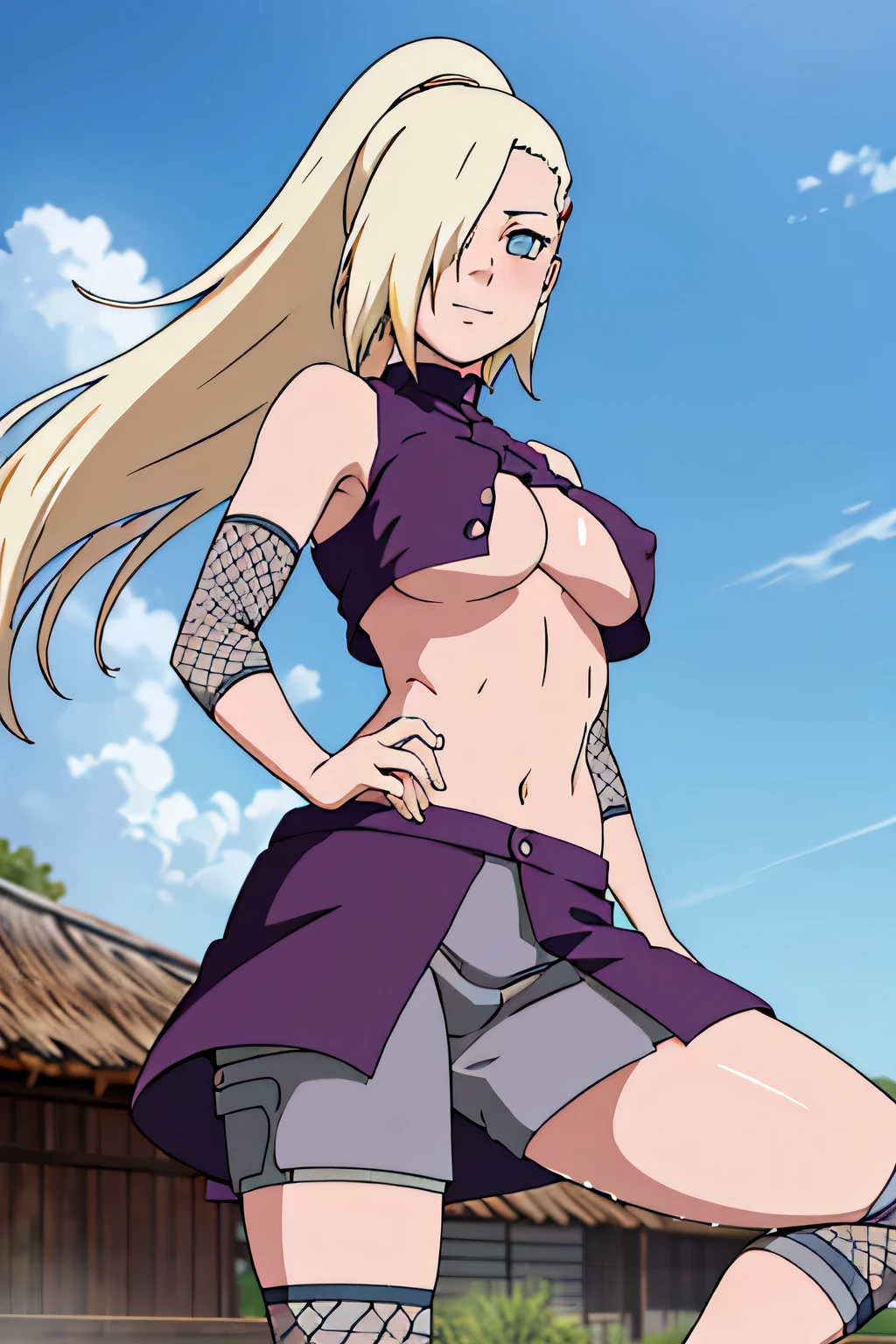 Ino Yamanaka, semi-naked, charming, Groin, cowboy shoot, Extraordinarily detailed face,falling from the sky,jumpลงมาจากท้องฟ้า, sunny day, Daytime, upper body view, anime style, alone, House details, Blonde, ((One eye is covered with fur., Hair over the eyes)), Medium bust, Belly button, looking at the audience, ( curved body), hidden eyes, smile, open mouth, very happy, high, Hair clips, Looks sharp, Sharp face, Sharp eyes, cool colors,Knees up,Beautiful legs,(((middle open shirt,Beautiful nipples, Hard nipple, Medium boobs,Show your legs,Soaking wet, blushing))), Wet skin, Wet hair, I shake my back., ความละเอียดhigh, best quality, sexy ,angle ,Pass through breasts,Floating in the sky,jump