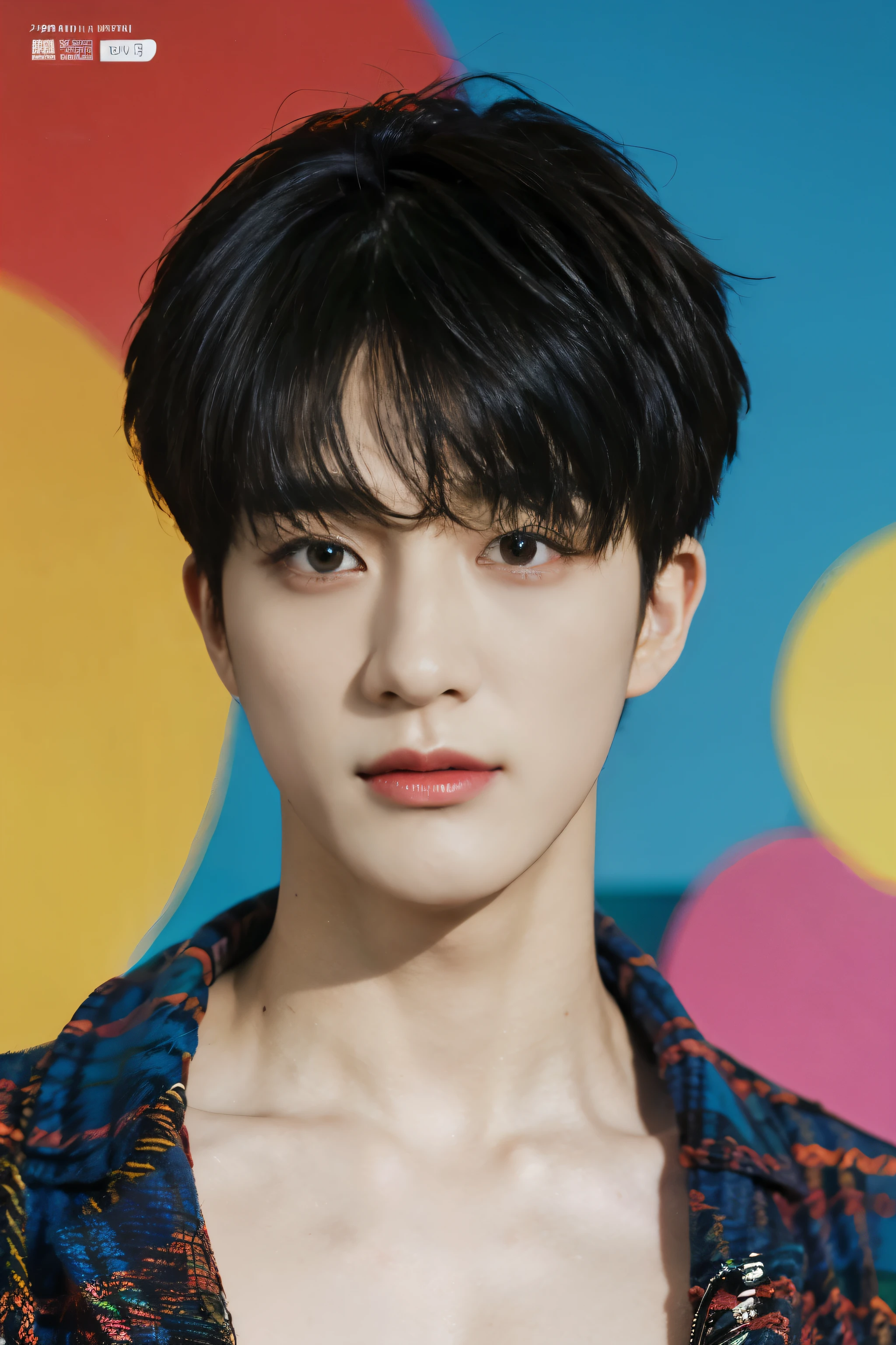 Full colorful background studio set for photoshoot,backdrop colorful,magazine photo,half body,sexy eyes looking center,for ads,no text,Handsome sixpacks korean male,fashion sexy abs,Center-parted hairstyle,angle tilted to the side,focus on face