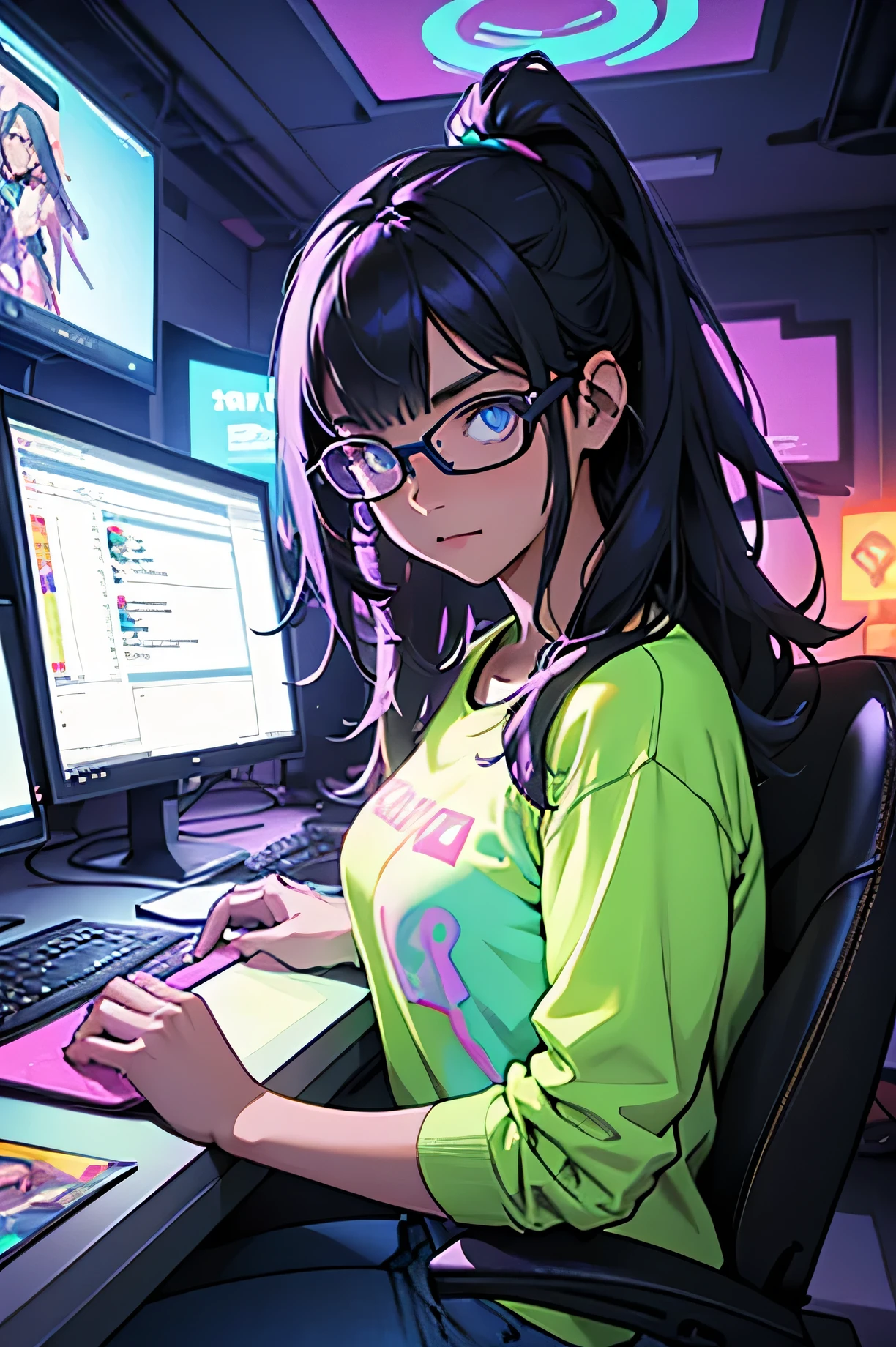 A girl in a game development setting, using her computer to code and create an amazing game, surrounded by colorful and futuristic game characters. She has glasses and bright, expressive eyes, with a determined and focused expression. The room is filled with posters of her favorite game characters and inspirational quotes. The atmosphere is vibrant and lively, with neon lights and holographic projections illuminating the room. The girl is wearing a casual outfit, perhaps a t-shirt with a game logo and comfortable jeans. Her desk is cluttered with art supplies, sketches, and game design documents. The colors in the scene are vivid and vibrant, with a mixture of neon and pastel tones. The lighting is dynamic, with emphasis on the computer screen and the glow from the holographic projections. The overall image should be of the highest quality, with ultra-detailed elements and a realistic, photorealistic style. 