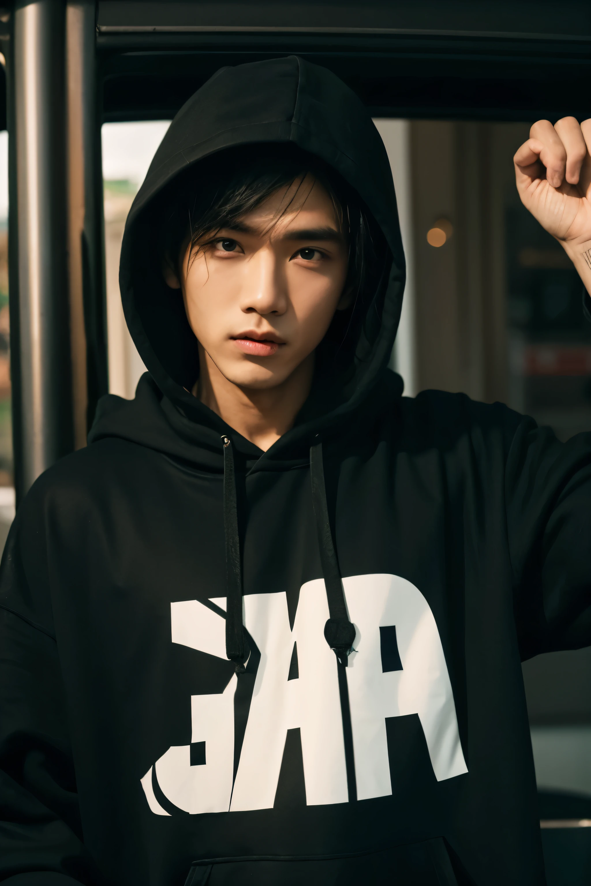Guy wearing a black hoodie that says "malang city boys"