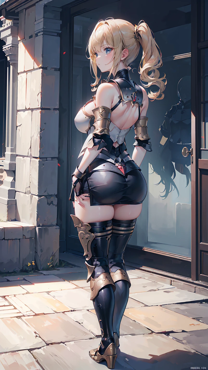 (8k, best quality, masterpiece:1.2),\(Eye details\),\(Facial features\),(\(Clothes detail details\)\),full body,,(Facial focus) ,Very detailed CG unity 8K wallpaper, Huge file size, Super detailed, a high resolution, absurd, beautiful eyes, Ray tracing, dramatic shadows, all fours:1.5, back view:1.4, looking back:1.4, fine details , Hyper-detailing,(1:1.3),(Solo),mature female, milf, fantasy, night, old town, motherly,(blondy:1.2), twintail hairstyle, air bangs, tall body, Ashelia Iron armor,(Breastplate:1.3), gigantic breasts, large breasts, sagging breasts, slim waist, serious expression,